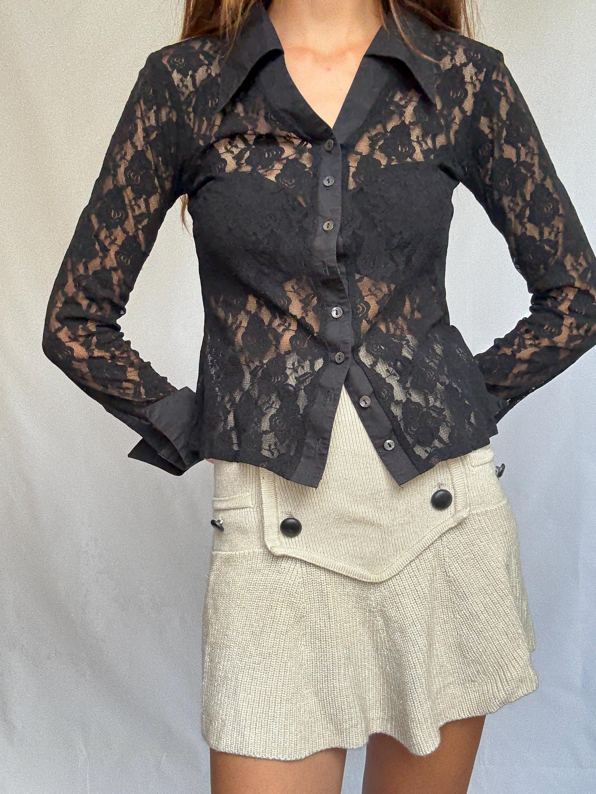 Vintage Rayure Paris Lace Blouse | Sheer Black Designer Button-Up | Made in France