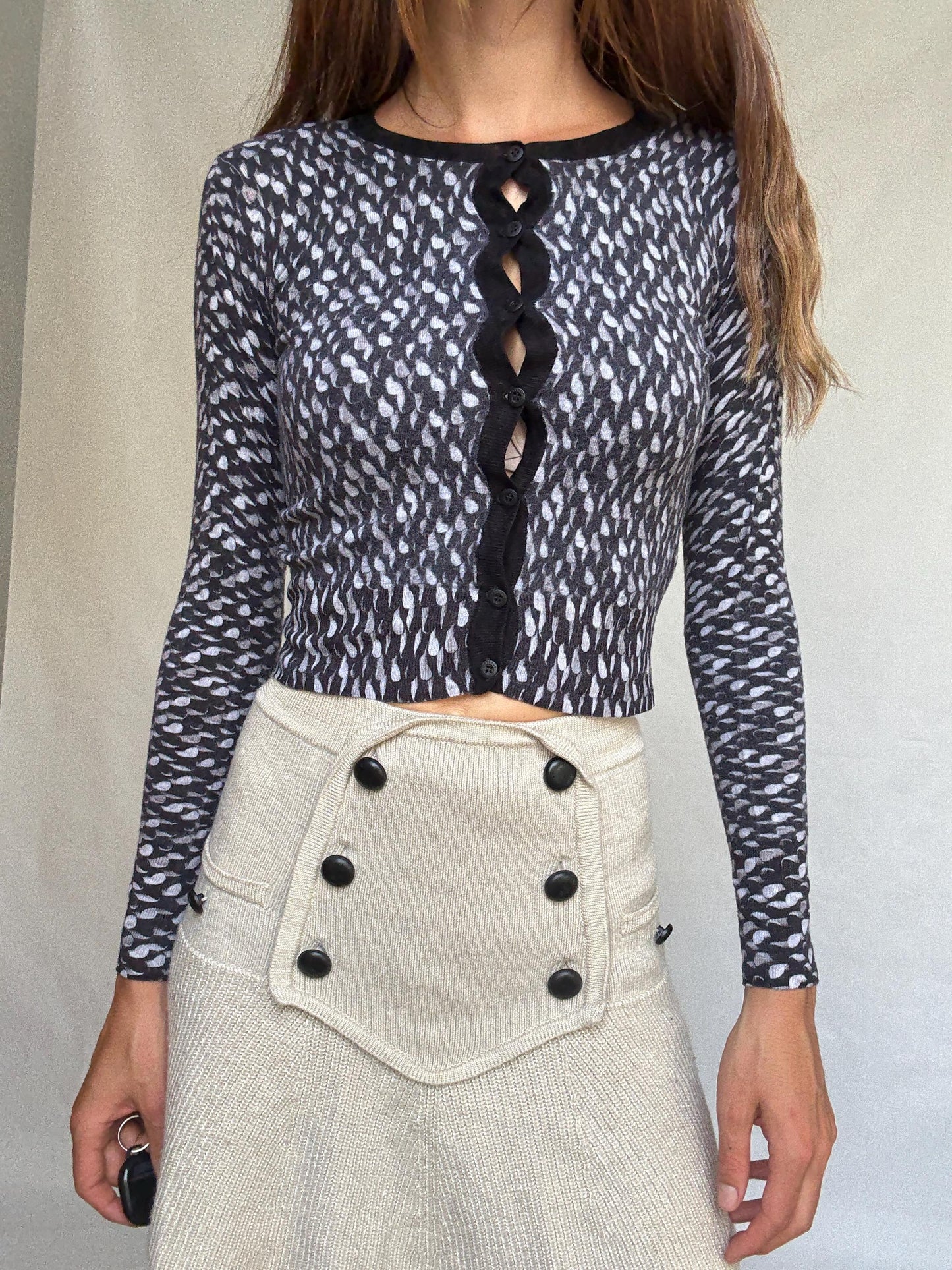 Escada Sport Vintage Wool Cardigan – XS, Black White Knit Button Top, Designer Retro Sweater, Tight Fit, Soft Knit, Luxury woman wear