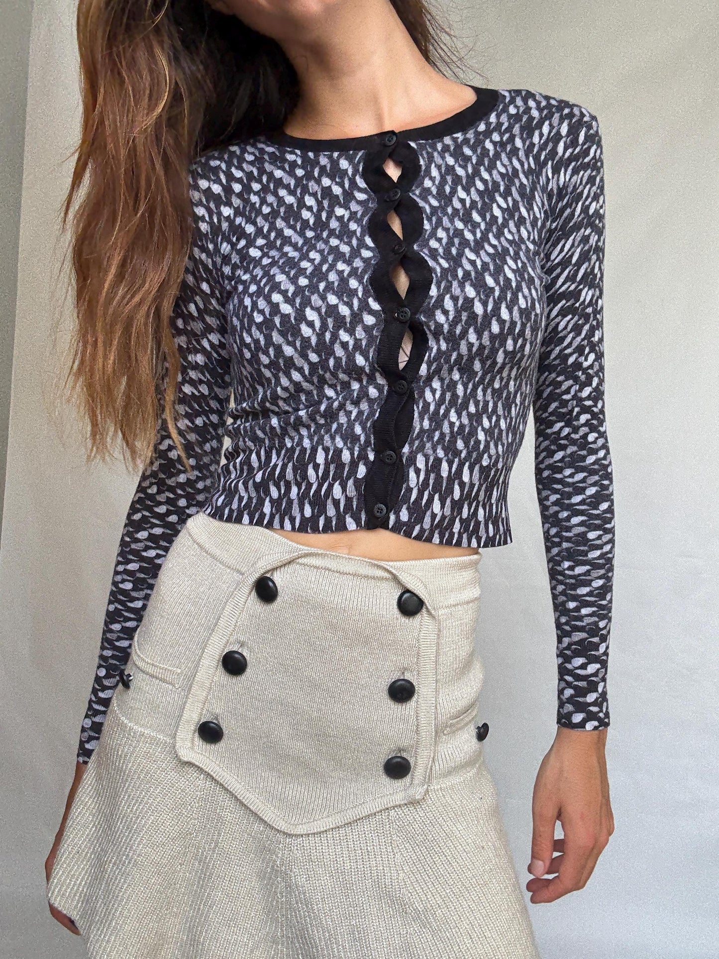 Escada Sport Vintage Wool Cardigan – XS, Black White Knit Button Top, Designer Retro Sweater, Tight Fit, Soft Knit, Luxury woman wear