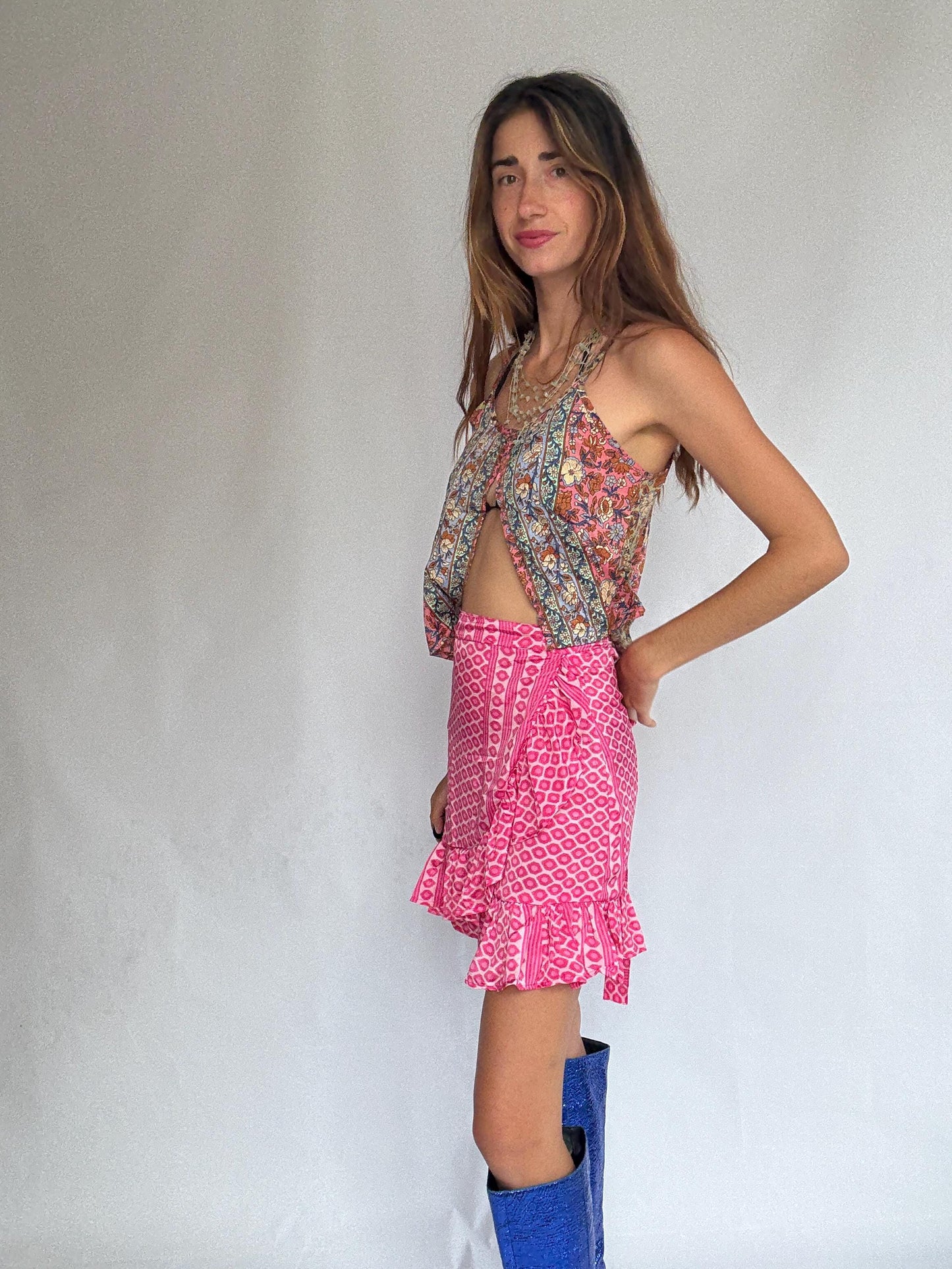 Pink Silk Ruffle Wrap Skirt – Sindia NWT, Size S–L Adjustable, Festival Boho Summer Vibes, Lightweight Vibrant Print, Cottagecore Beach