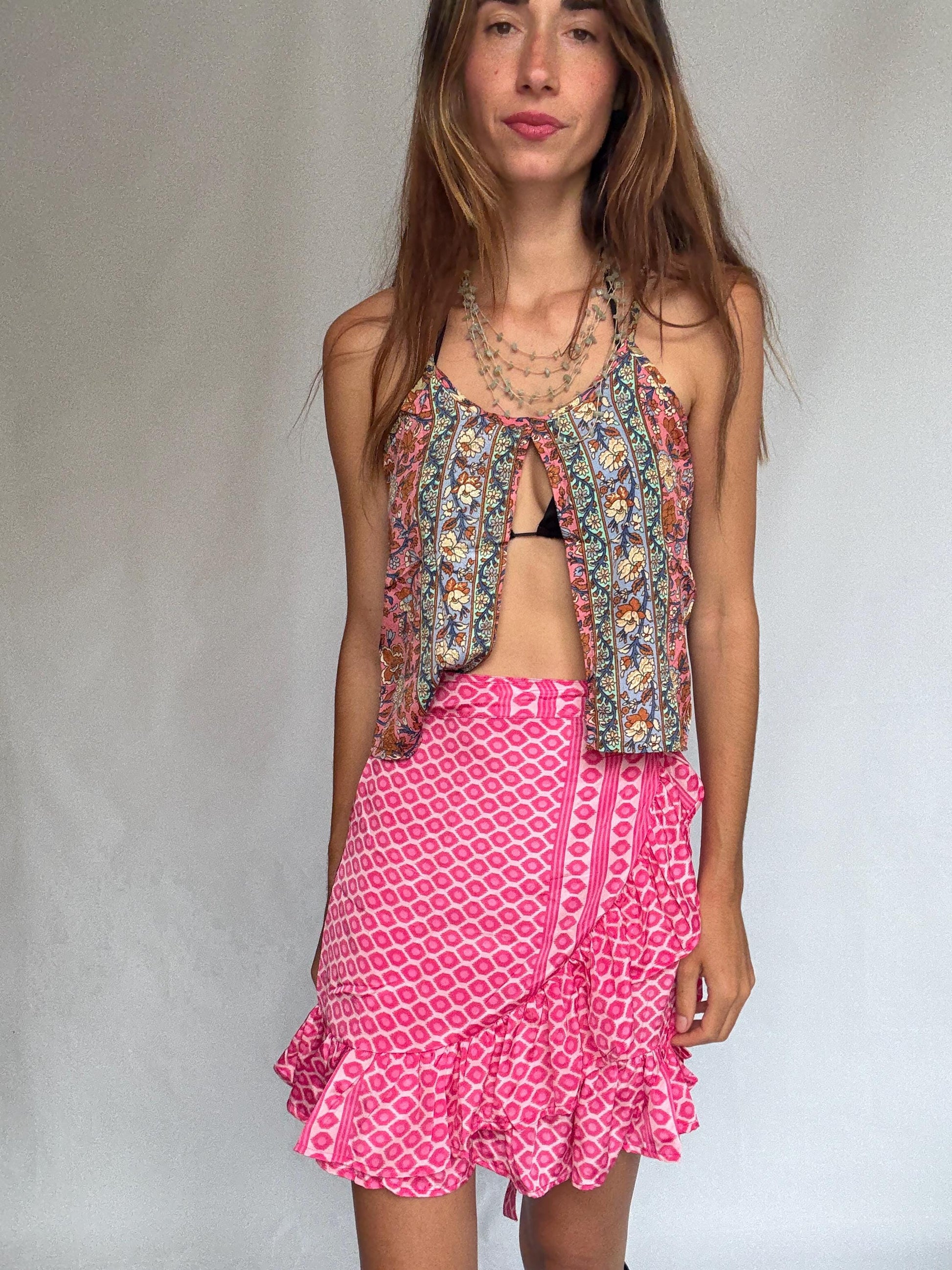 Pink Silk Ruffle Wrap Skirt – Sindia NWT, Size S–L Adjustable, Festival Boho Summer Vibes, Lightweight Vibrant Print, Cottagecore Beach