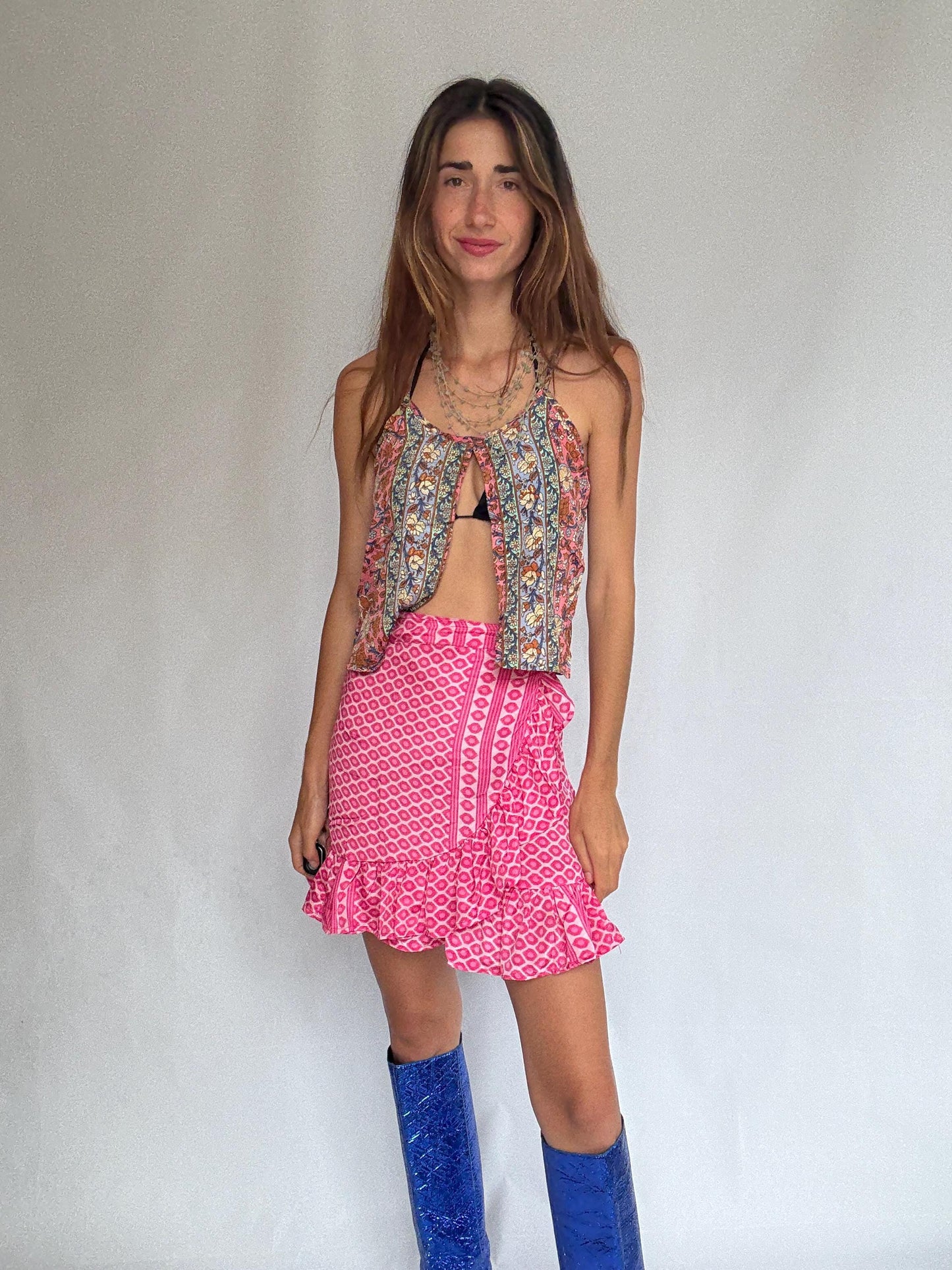 Pink Silk Ruffle Wrap Skirt – Sindia NWT, Size S–L Adjustable, Festival Boho Summer Vibes, Lightweight Vibrant Print, Cottagecore Beach