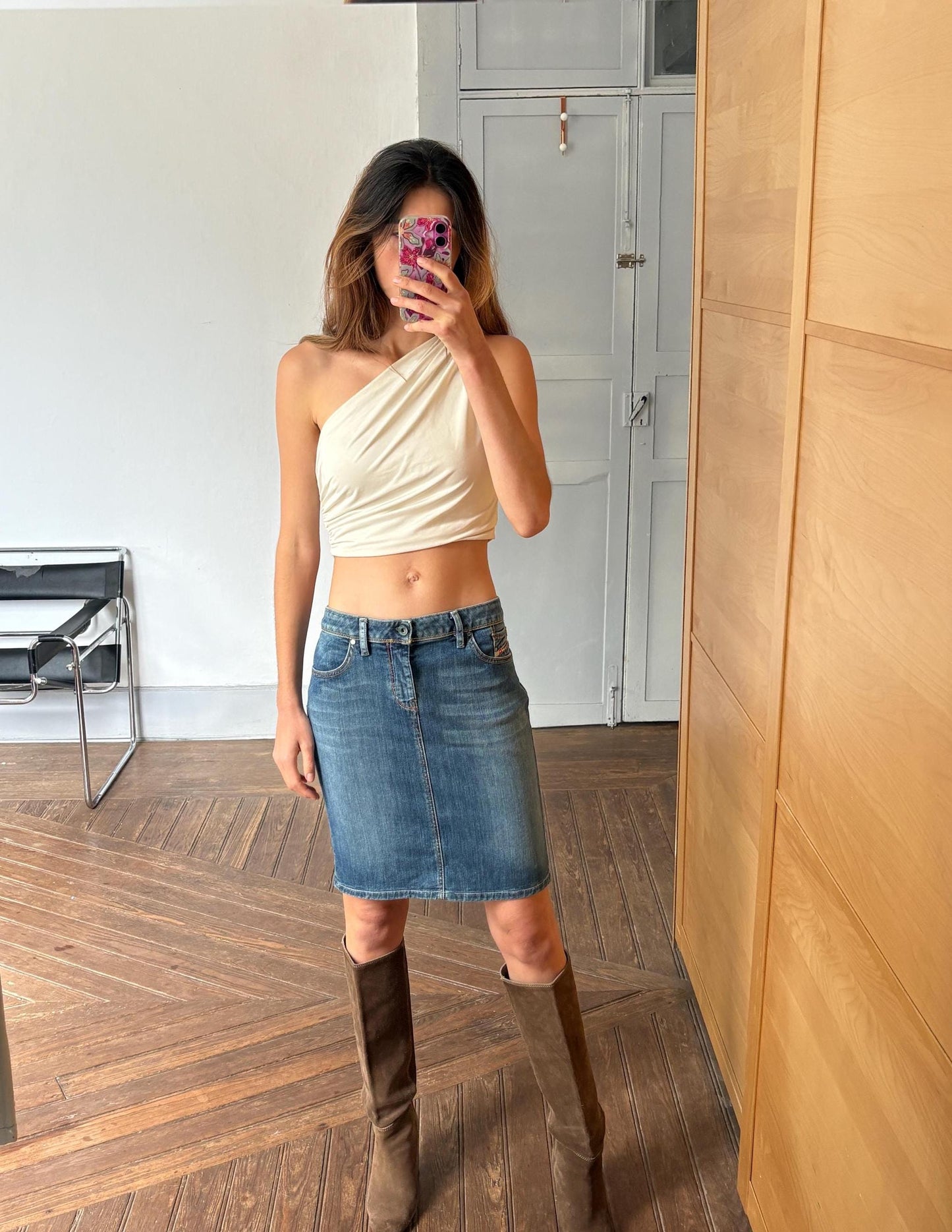 Vintage Diesel Denim Skirt – Y2K 90s Aesthetic, Stretch Denim, Mid-Length, Size EU 42 / UK 14 / US 10