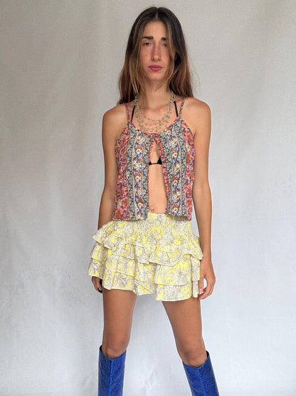 Baby Yellow Paisley Ruffle Mini Skirt — fabric close-up