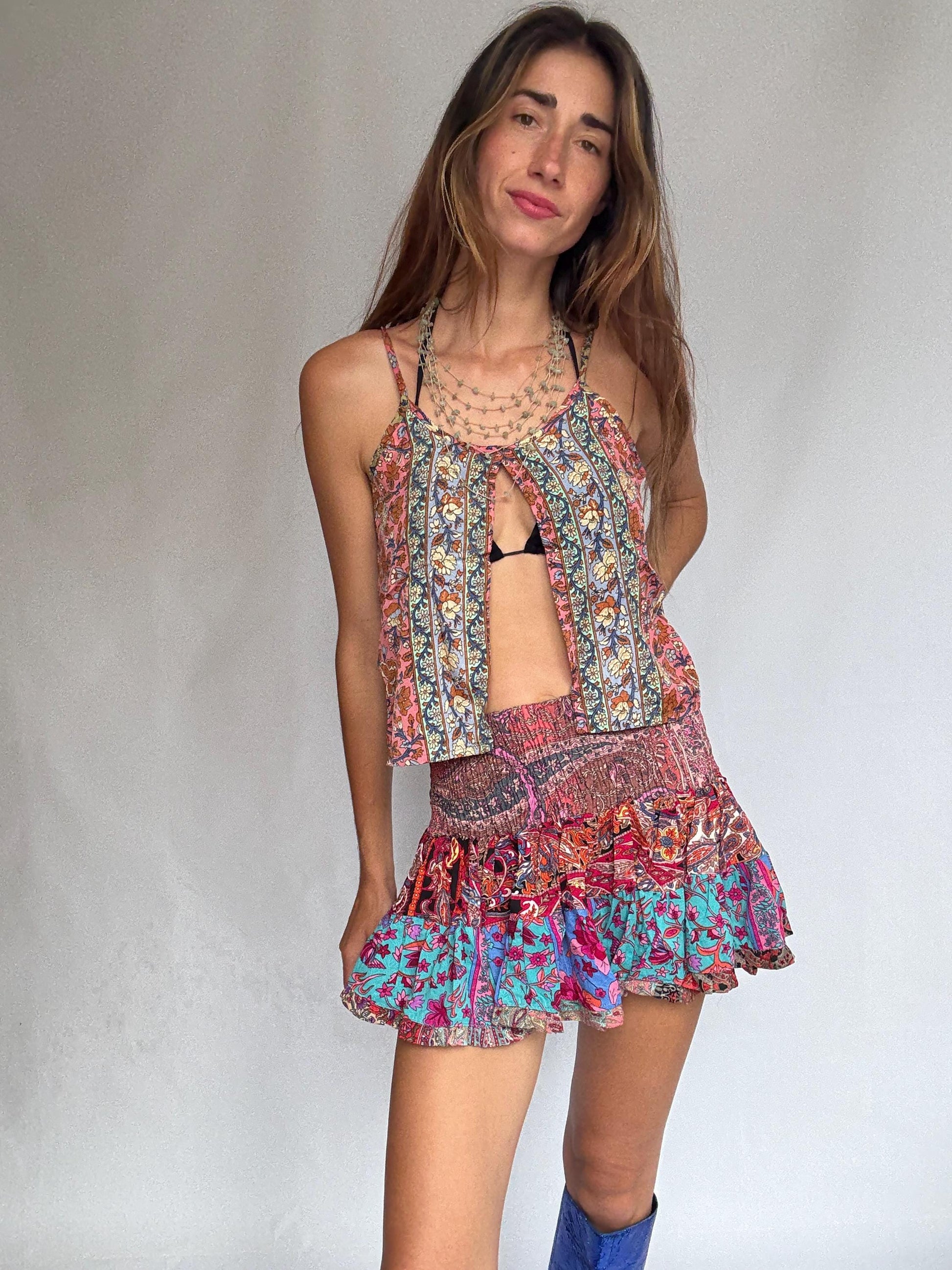 Boho Silk Ruffle Mini Skirt • Festival Girlcore • french european girl Style Size : XXS - XS
