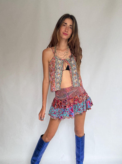Boho Silk Ruffle Mini Skirt • Festival Girlcore • french european girl Style Size : XXS - XS