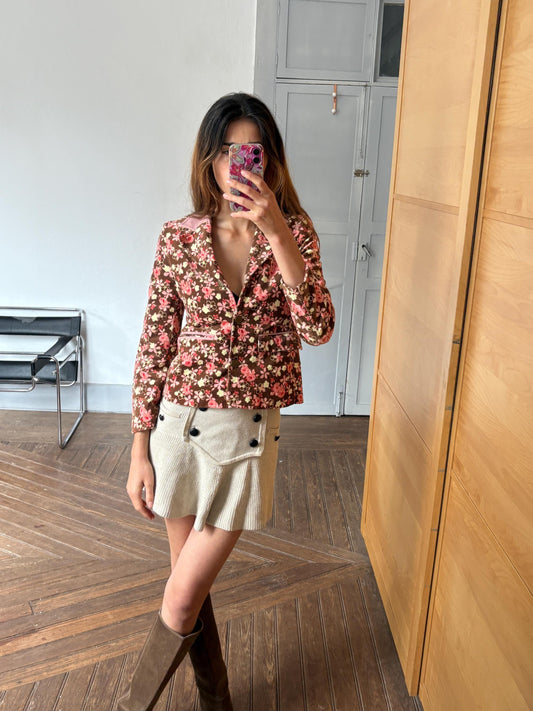 Vintage floral corduroy blazer jacket – Y2K aesthetic, cropped fit, pink brown flower print, cottagecore layering piece, Size