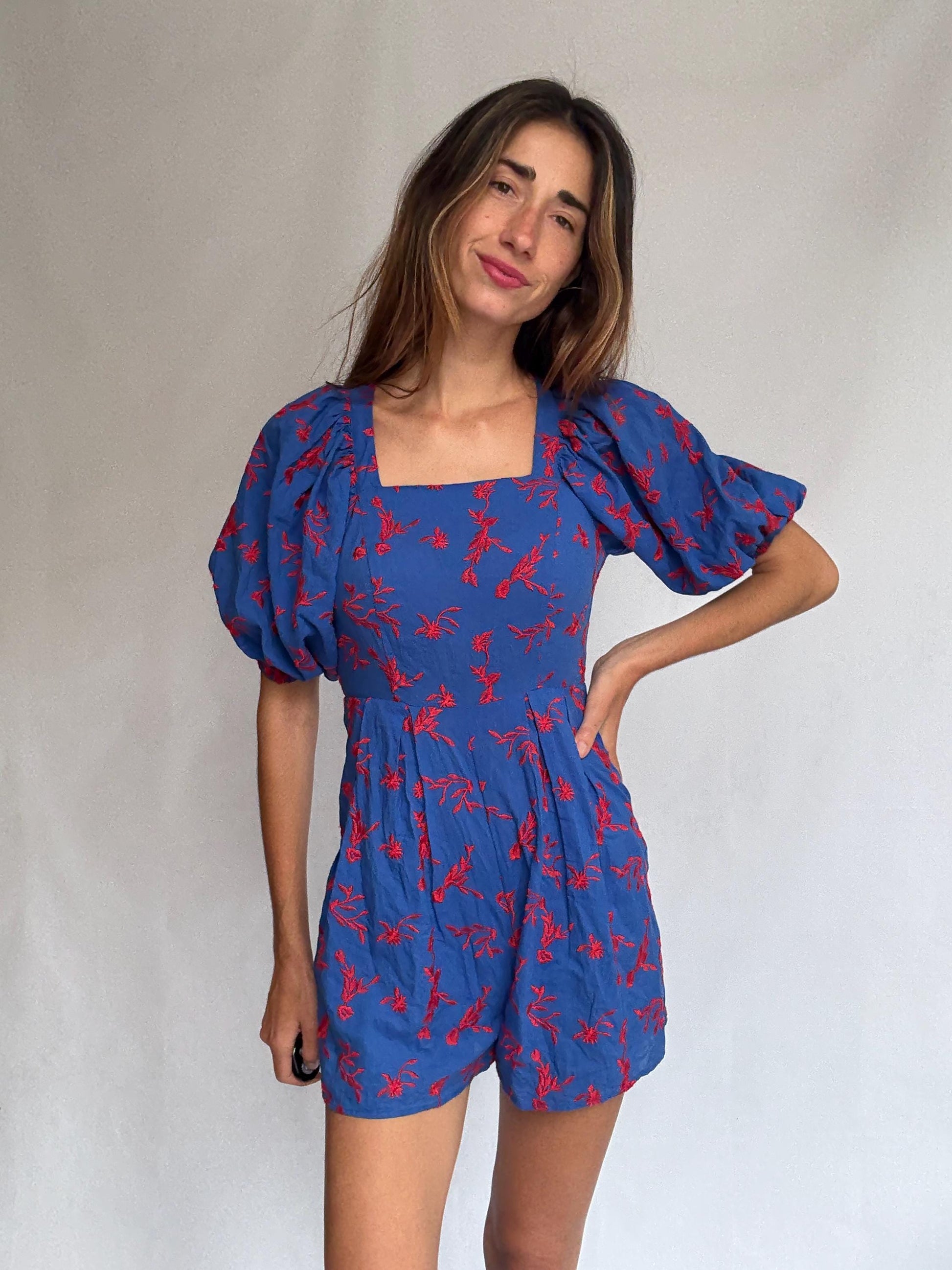 Blue Puff Sleeve Floral Backless Jumpsuit — detail