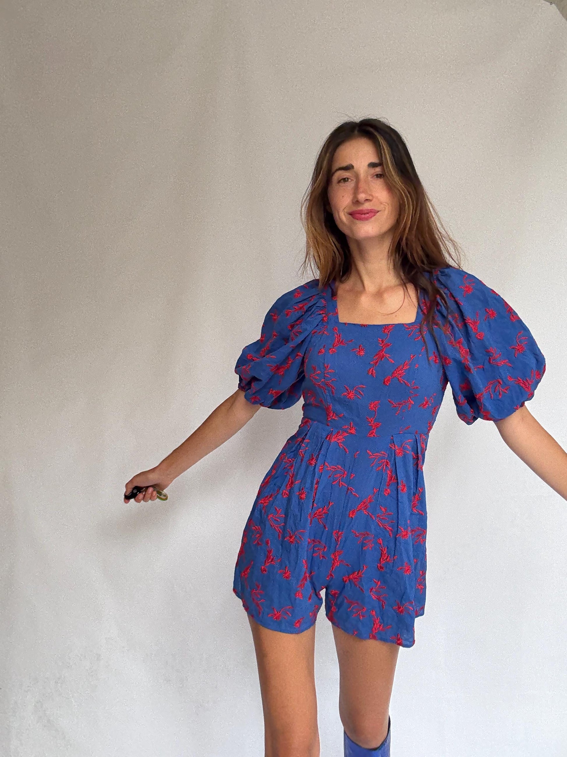 Blue Puff Sleeve Floral Jumpsuit • Backless ASOS Romper • Y2K Picnic Girl Summer Fit, Size S