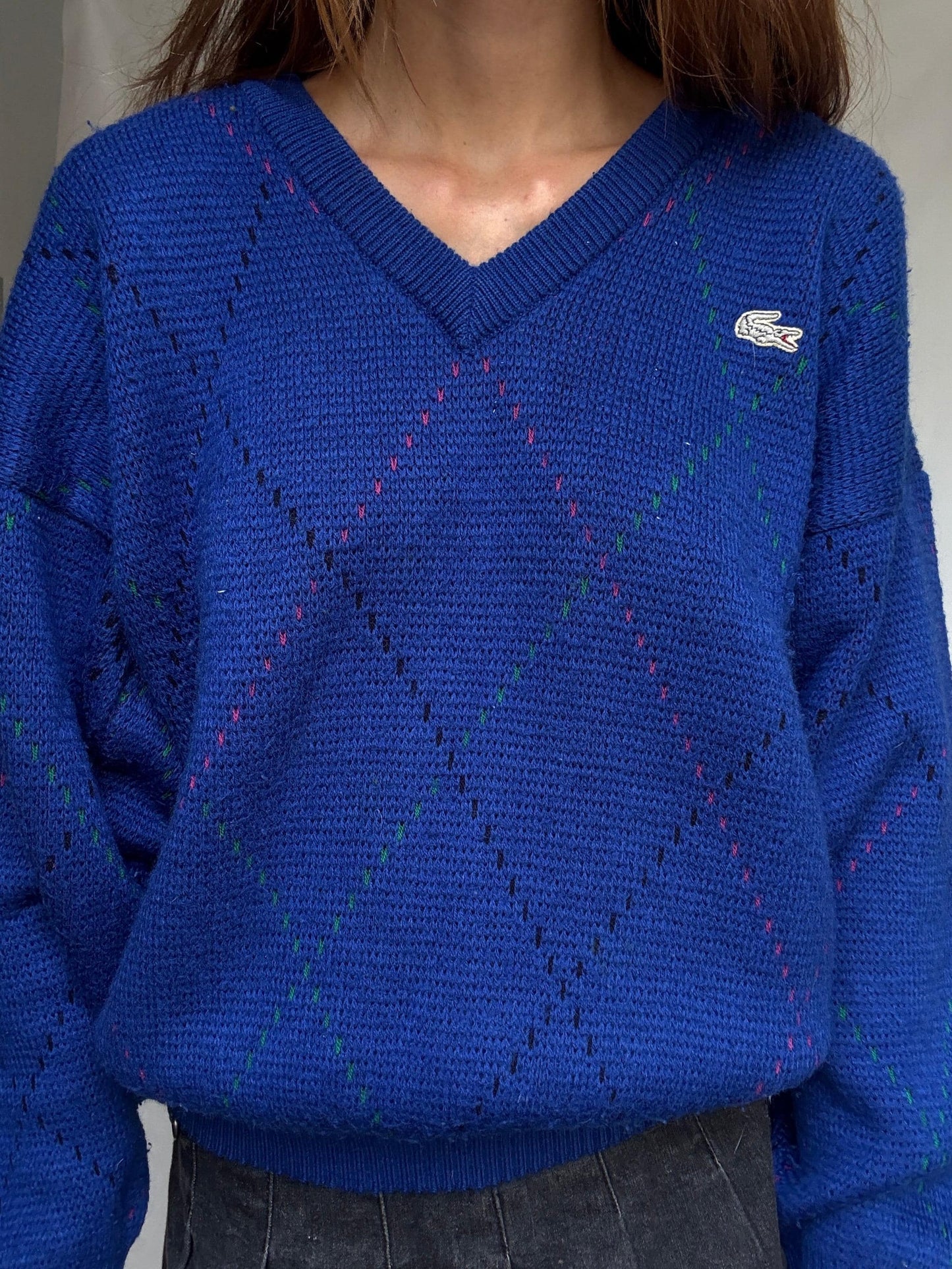Vintage Lacoste navy V-neck sweater – wool blend pullover with logo – size 6 made in Spain