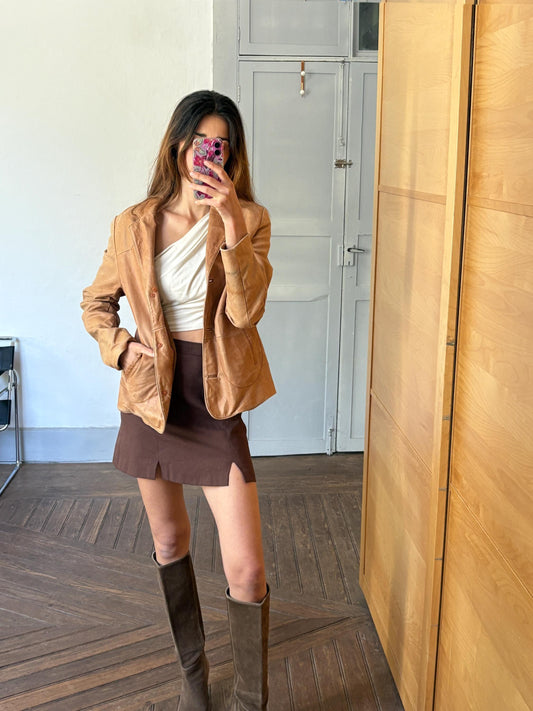 Vintage Piel de Caprino leather blazer, Tan light brown jacket, unisex casual oversized fit, classic retro 90s aesthetic,