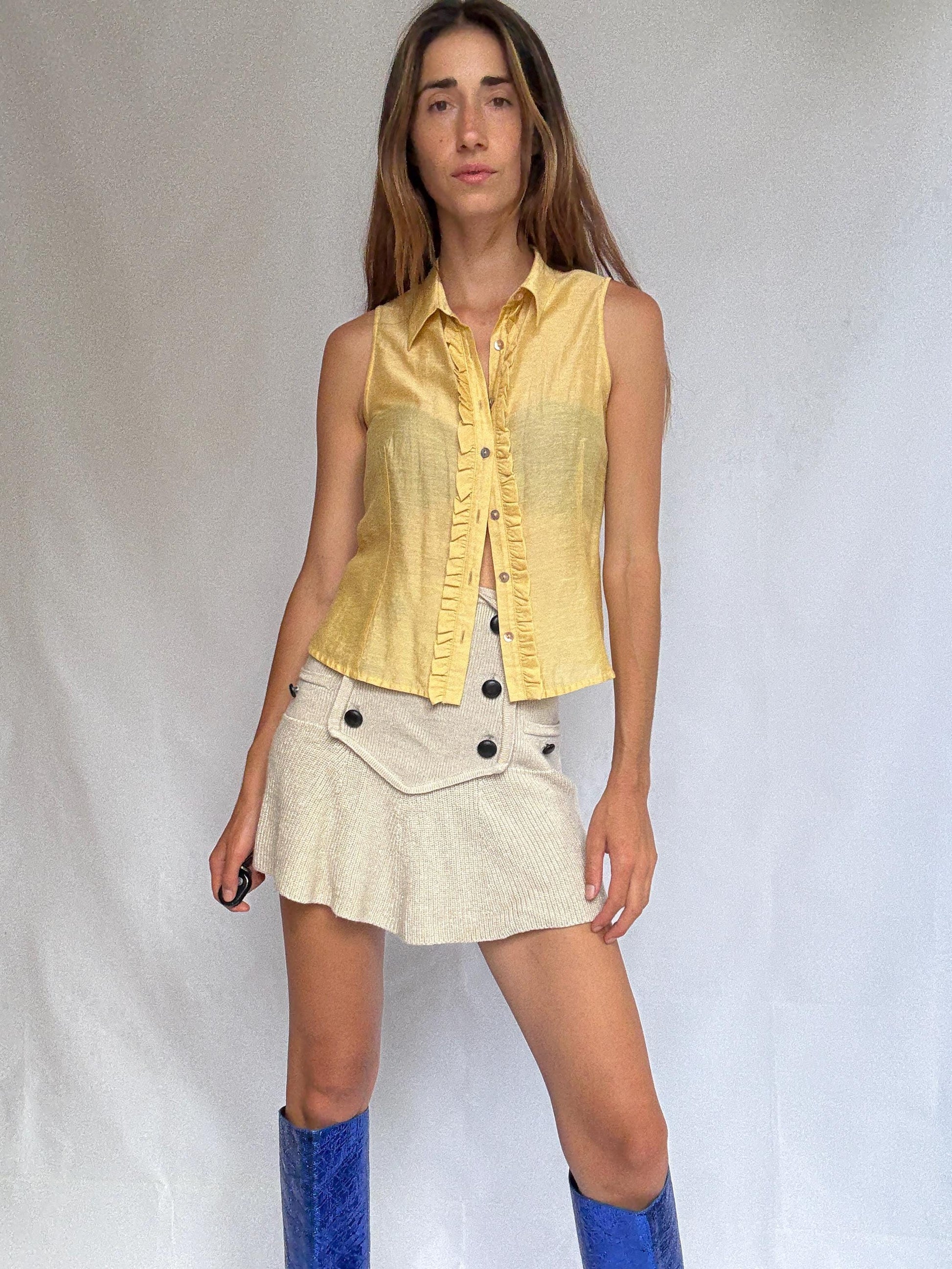 Vintage yellow sleeveless blouse with ruffle trim, Made in Spain, soft viscose silk blend, size 38 button-up summer top