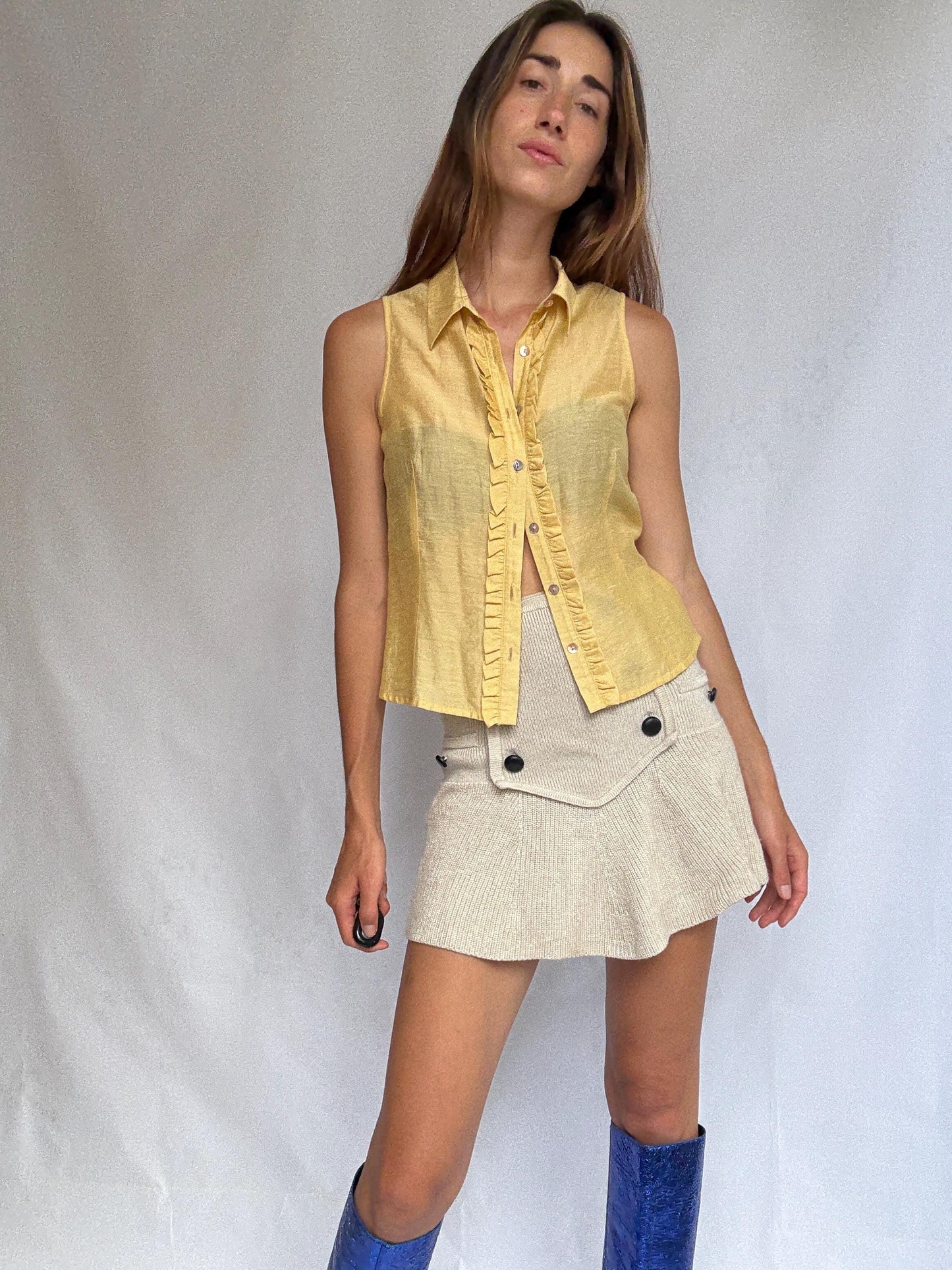Vintage yellow sleeveless blouse with ruffle trim, Made in Spain, soft viscose silk blend, size 38 button-up summer top