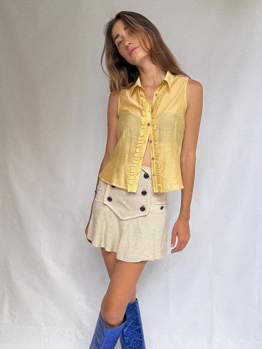 Vintage yellow sleeveless blouse with ruffle trim, Made in Spain, soft viscose silk blend, size 38 button-up summer top