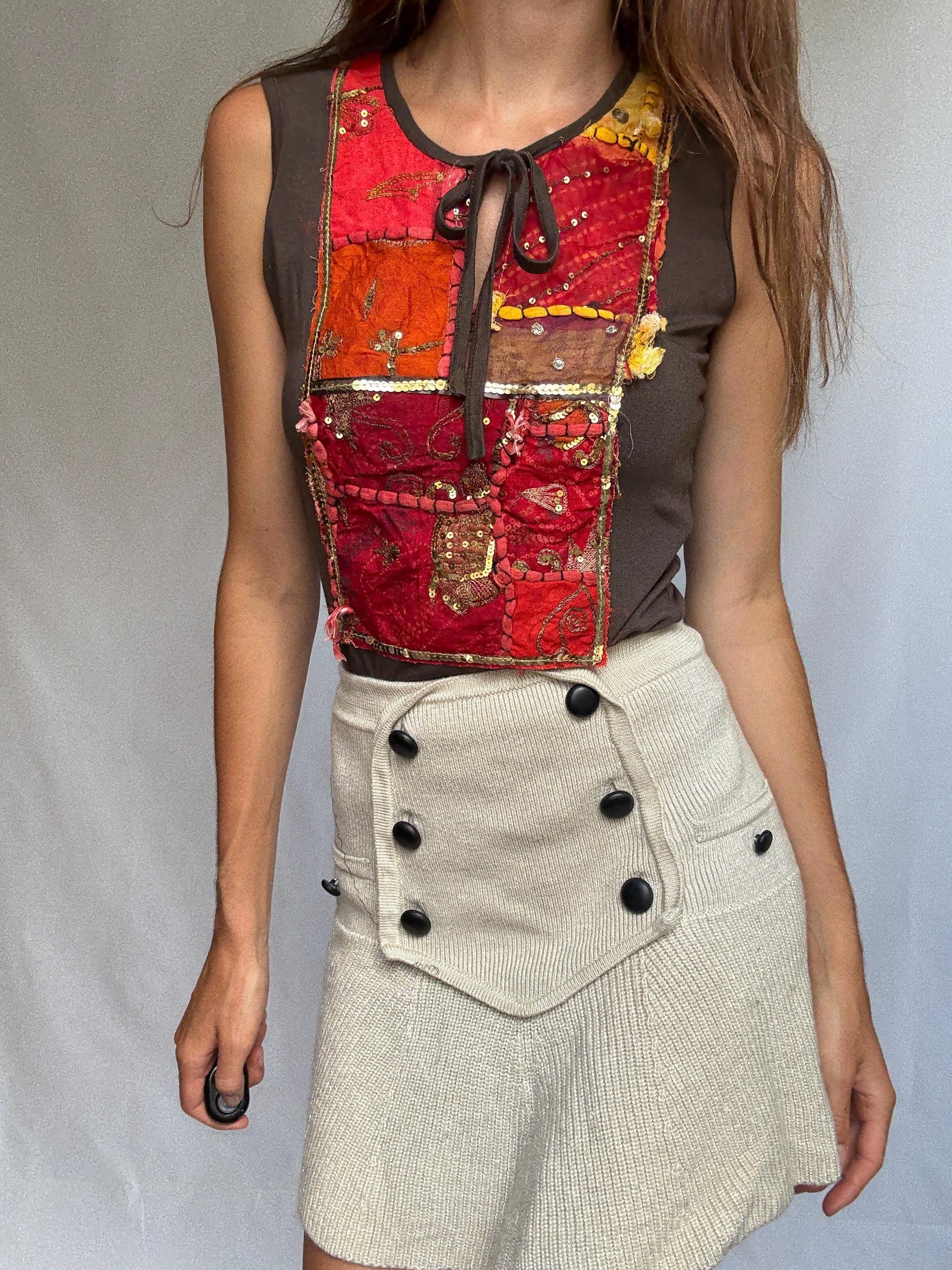 Boho k2 sleeveless top with handmade sequin patchwork, brown stretch tank made in Italy, soft viscose blend, artisan hippie style