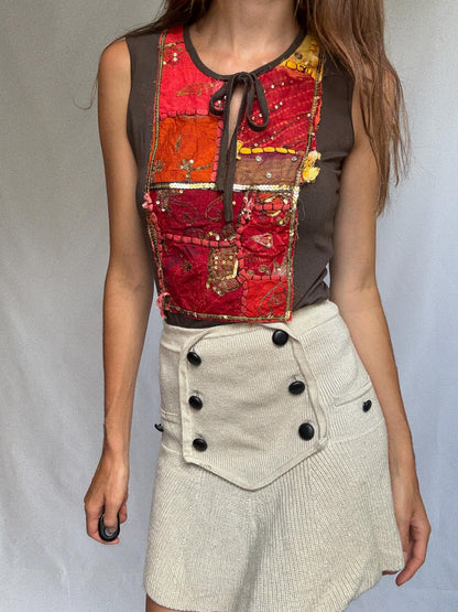 Brown Boho Sequin Patchwork Sleeveless Top — additional view 7