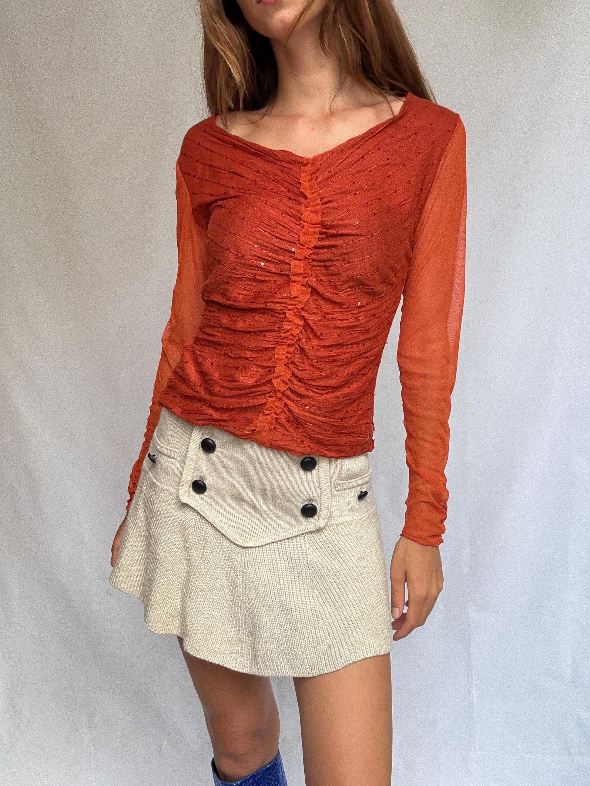 90s Vintage Lola Mubell Mesh Sequin Top, Retro long sleeve Y2K clothing – M