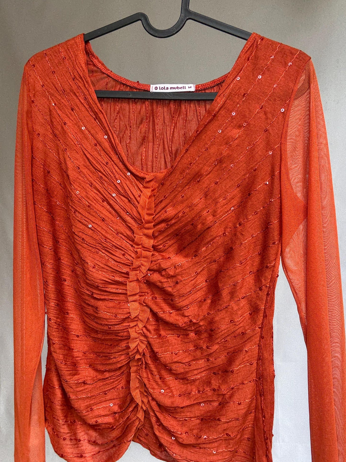 90s Vintage Lola Mubell Mesh Sequin Top, Retro long sleeve Y2K clothing – M