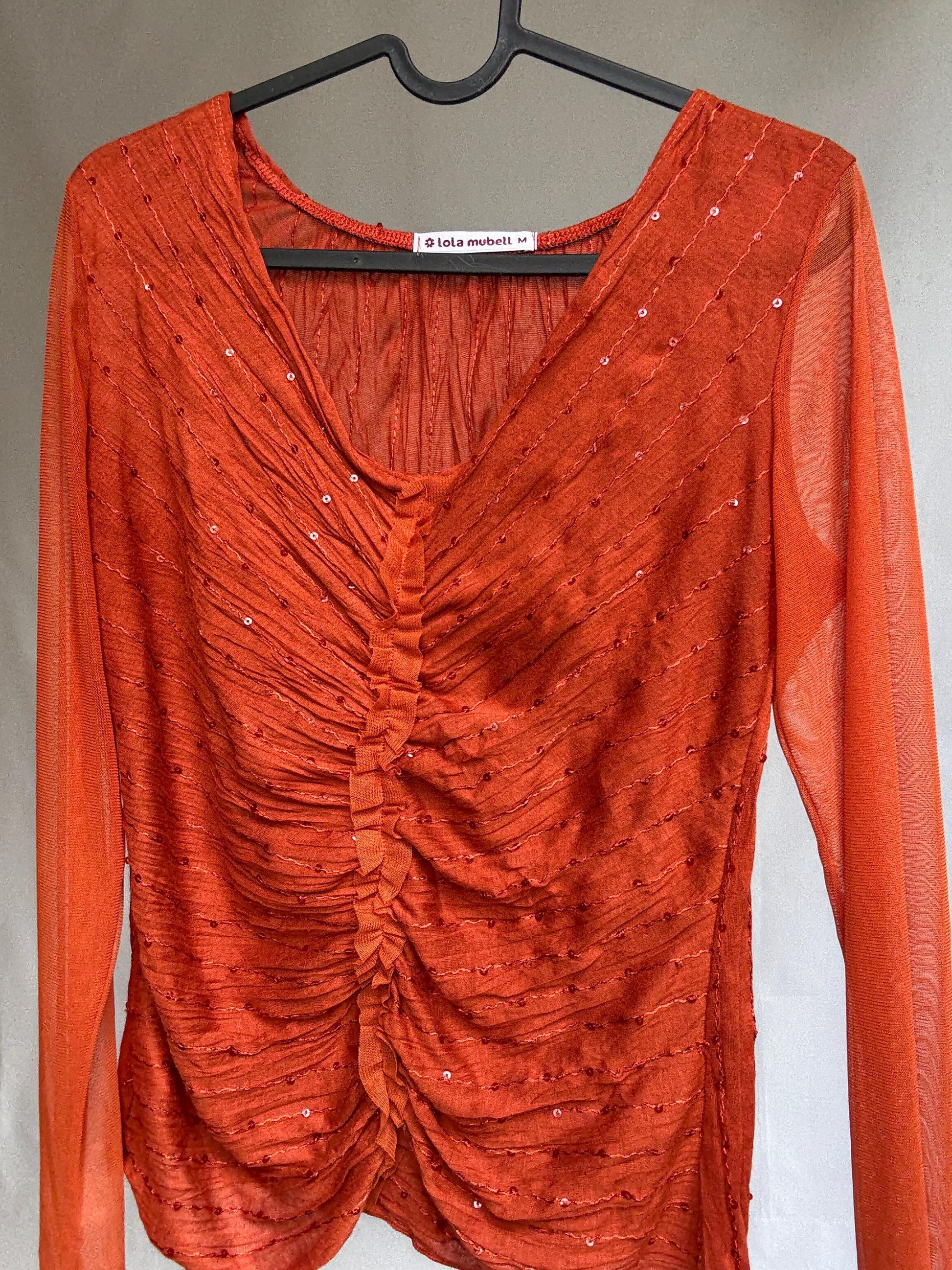 90s Vintage Lola Mubell Mesh Sequin Top, Retro long sleeve Y2K clothing – M