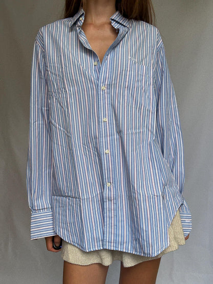 Ungaro Vintage Striped Cotton Shirt - Blue Oversized Button-Up