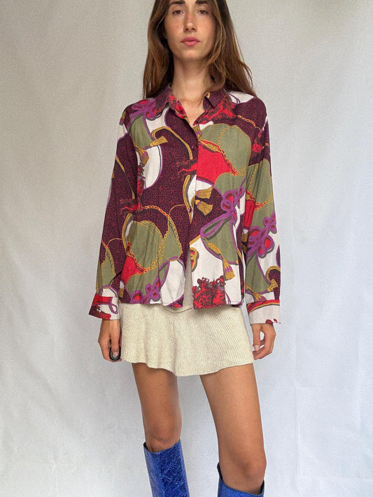 Vintage Burberry Scarf Print Blouse – Jewel Tones & Chains – Statement Retro Shirt