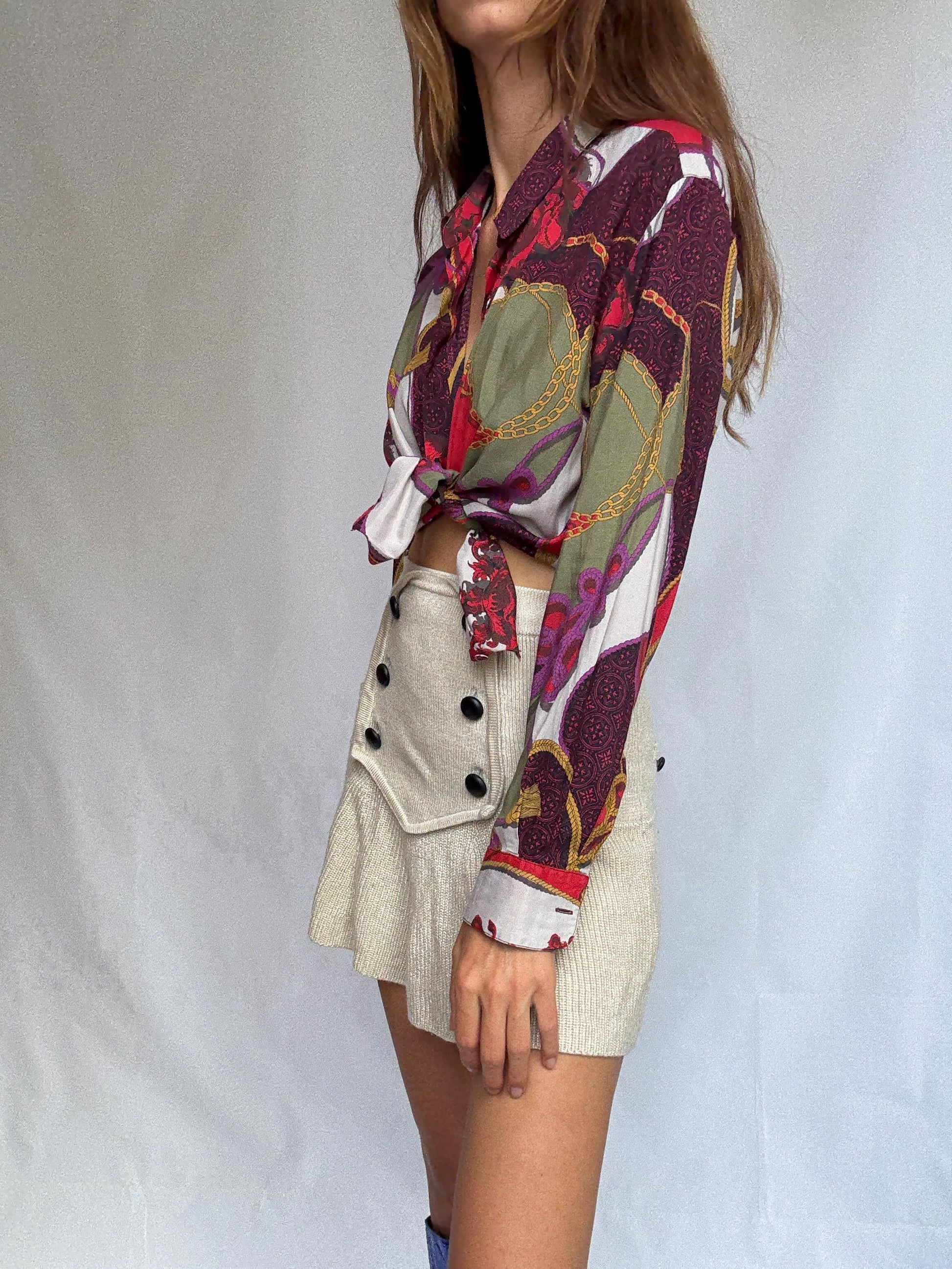 Vintage Burberry Scarf Print Blouse – Jewel Tones & Chains – Statement Retro Shirt