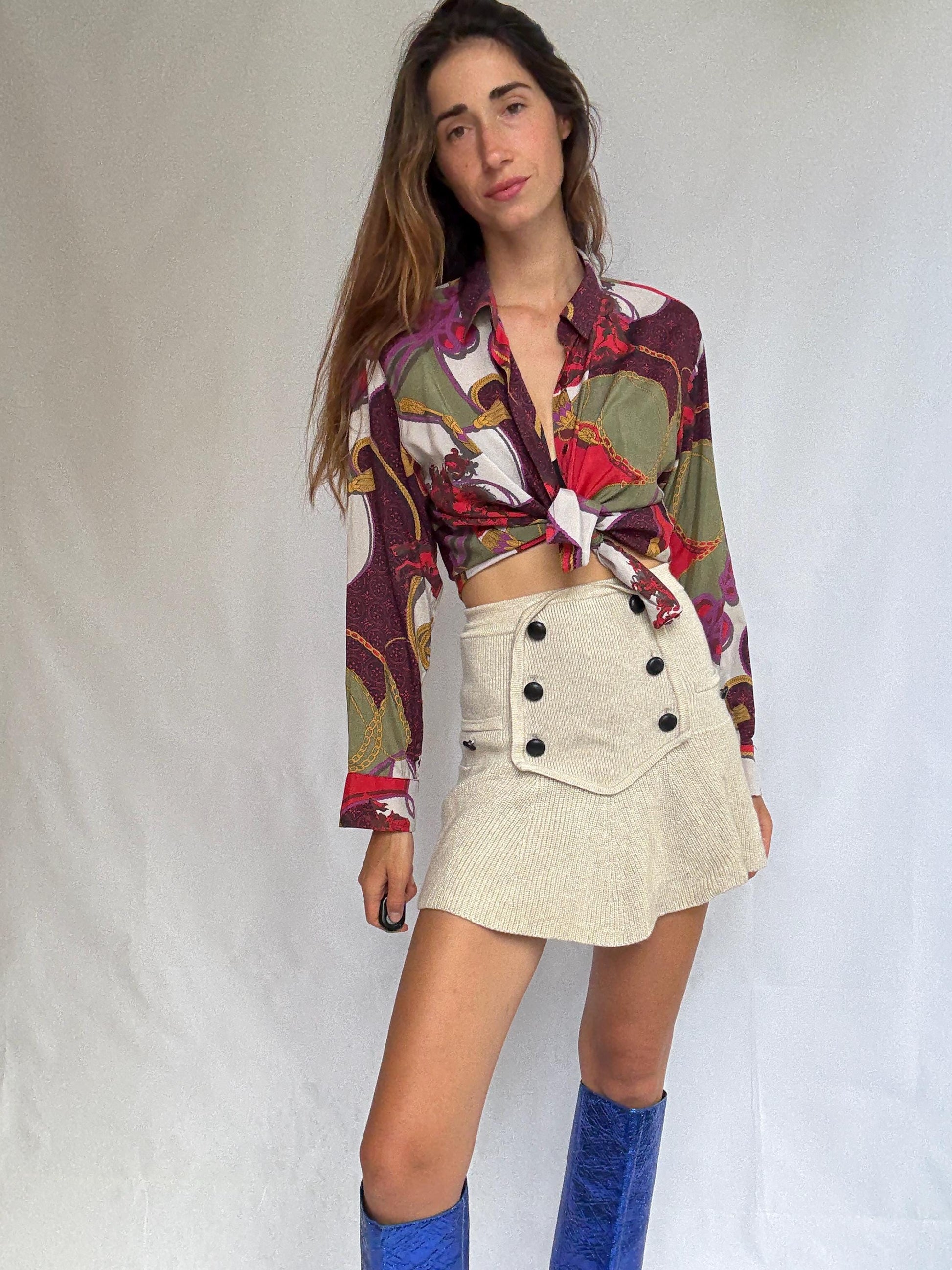 Vintage Burberry Scarf Print Blouse – Jewel Tones & Chains – Statement Retro Shirt