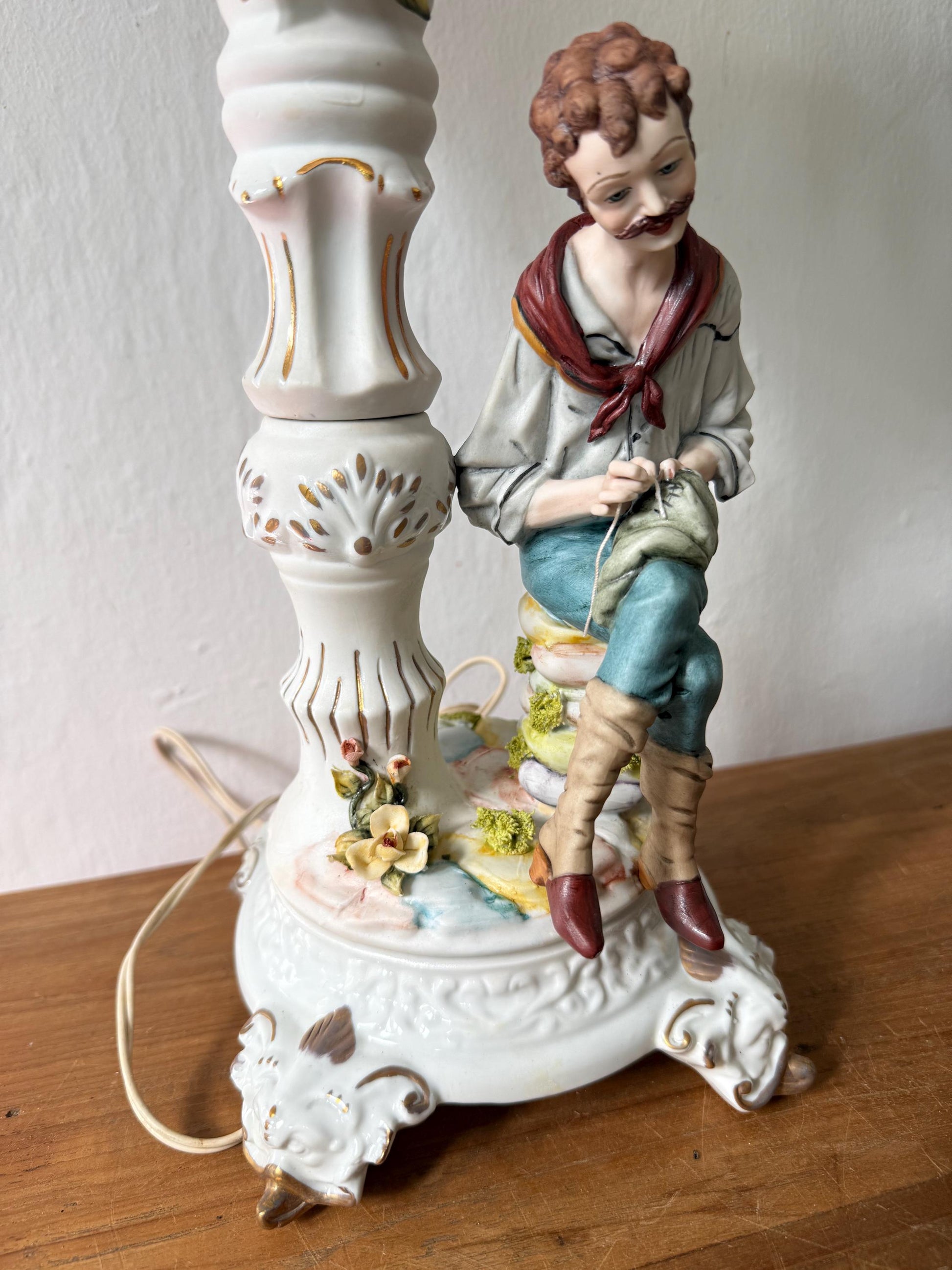 Rare Fornili vintage porcelain lamp – floral figurine table light with pierced shade & gold luster – signed, E27 bulb, US plug