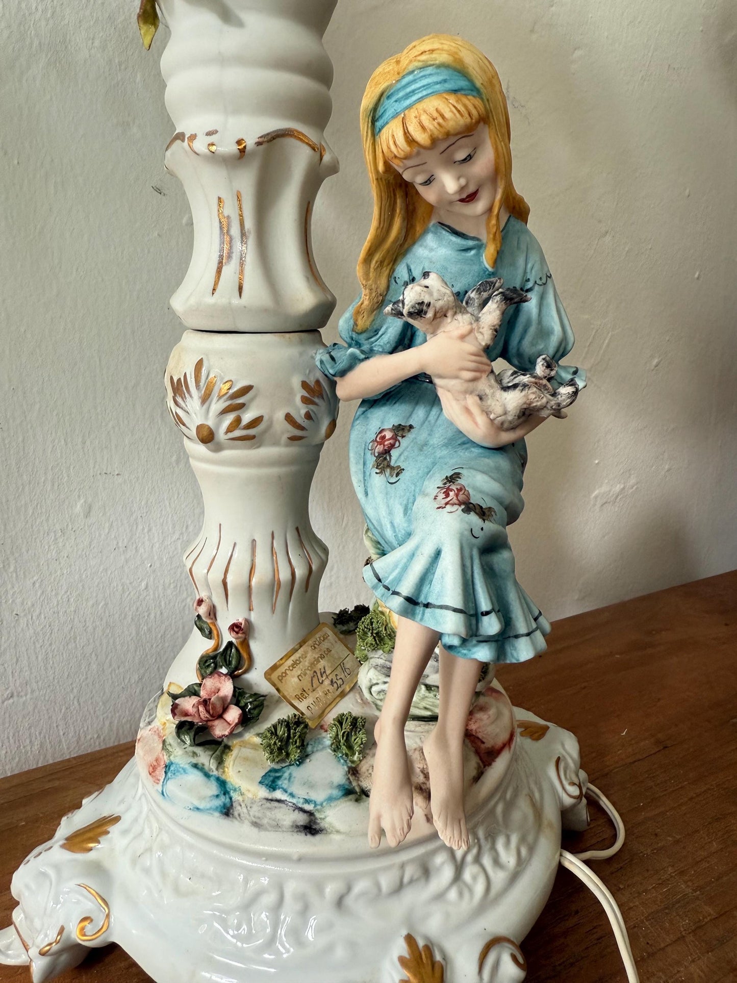 Rare Fornili vintage porcelain lamp – floral figurine table light with pierced shade & gold luster – signed, E27 bulb, US plug