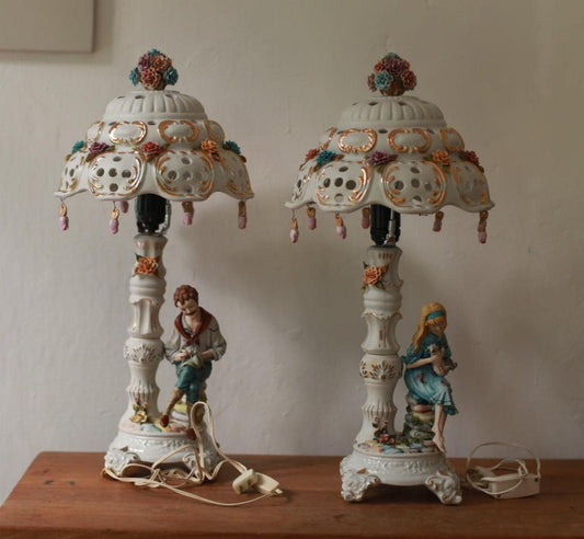 Rare Fornili vintage porcelain lamp – floral figurine table light with pierced shade & gold luster – signed, E27 bulb, US plug