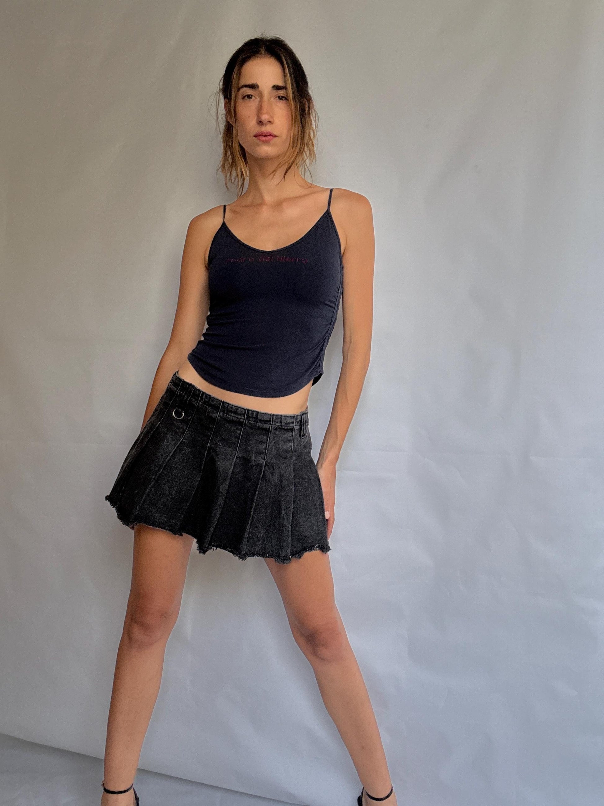 Pedro del Hierro navy cami top with rhinestone logo, y2k style fitted tank, thin straps, size XXS extra small
