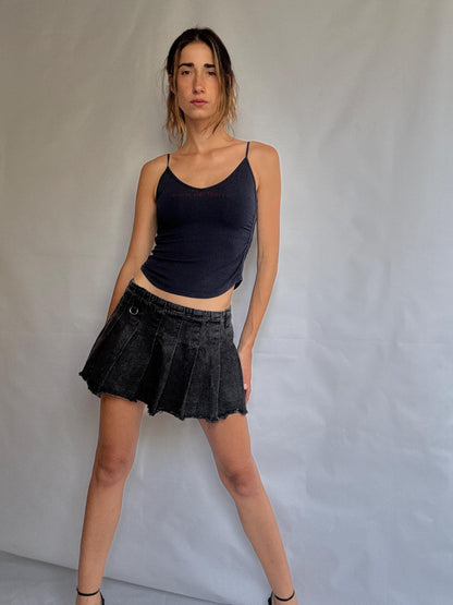 Navy Rhinestone Logo Cami Top — fabric close-up