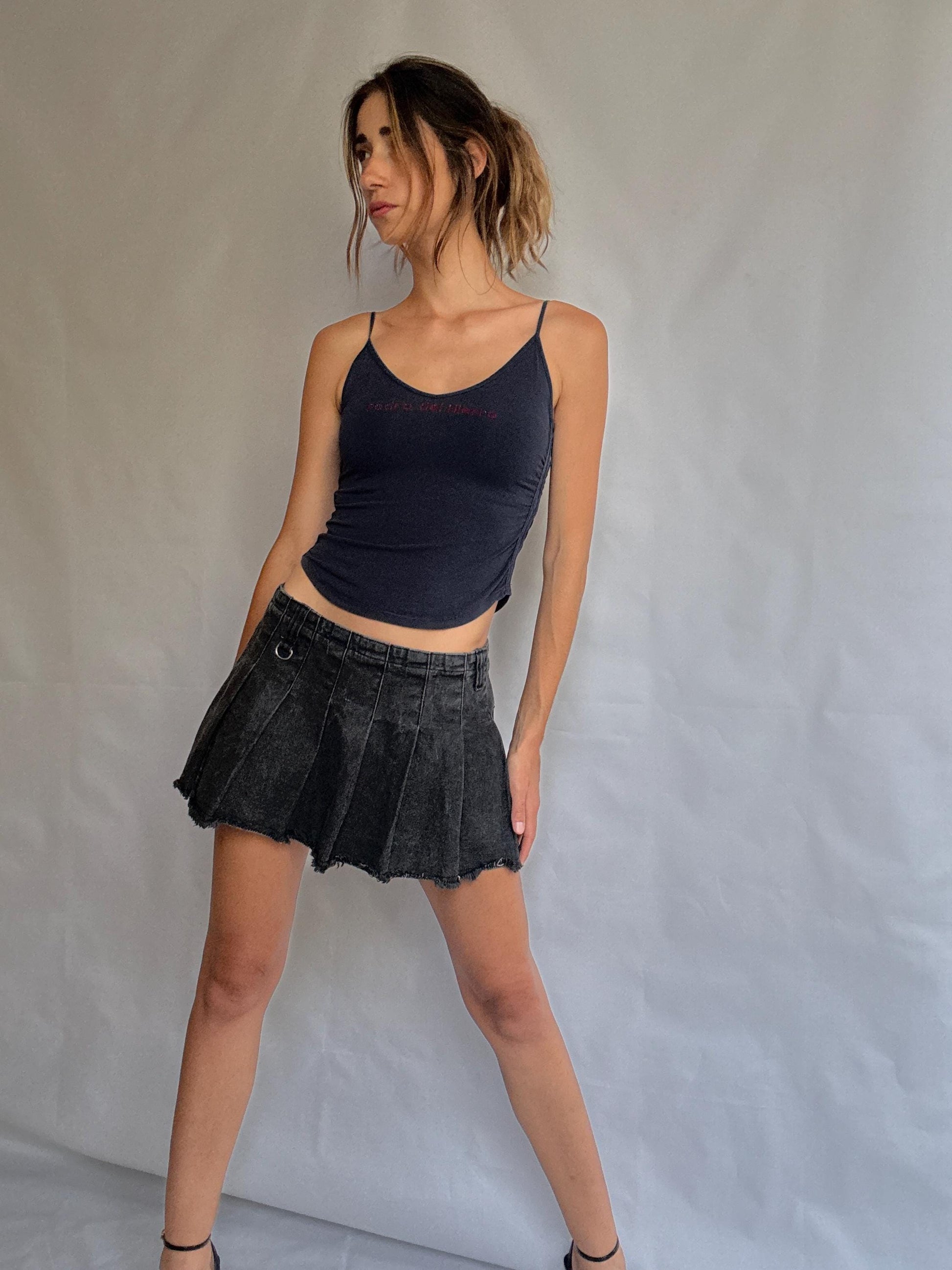 Pedro del Hierro navy cami top with rhinestone logo, y2k style fitted tank, thin straps, size XXS extra small