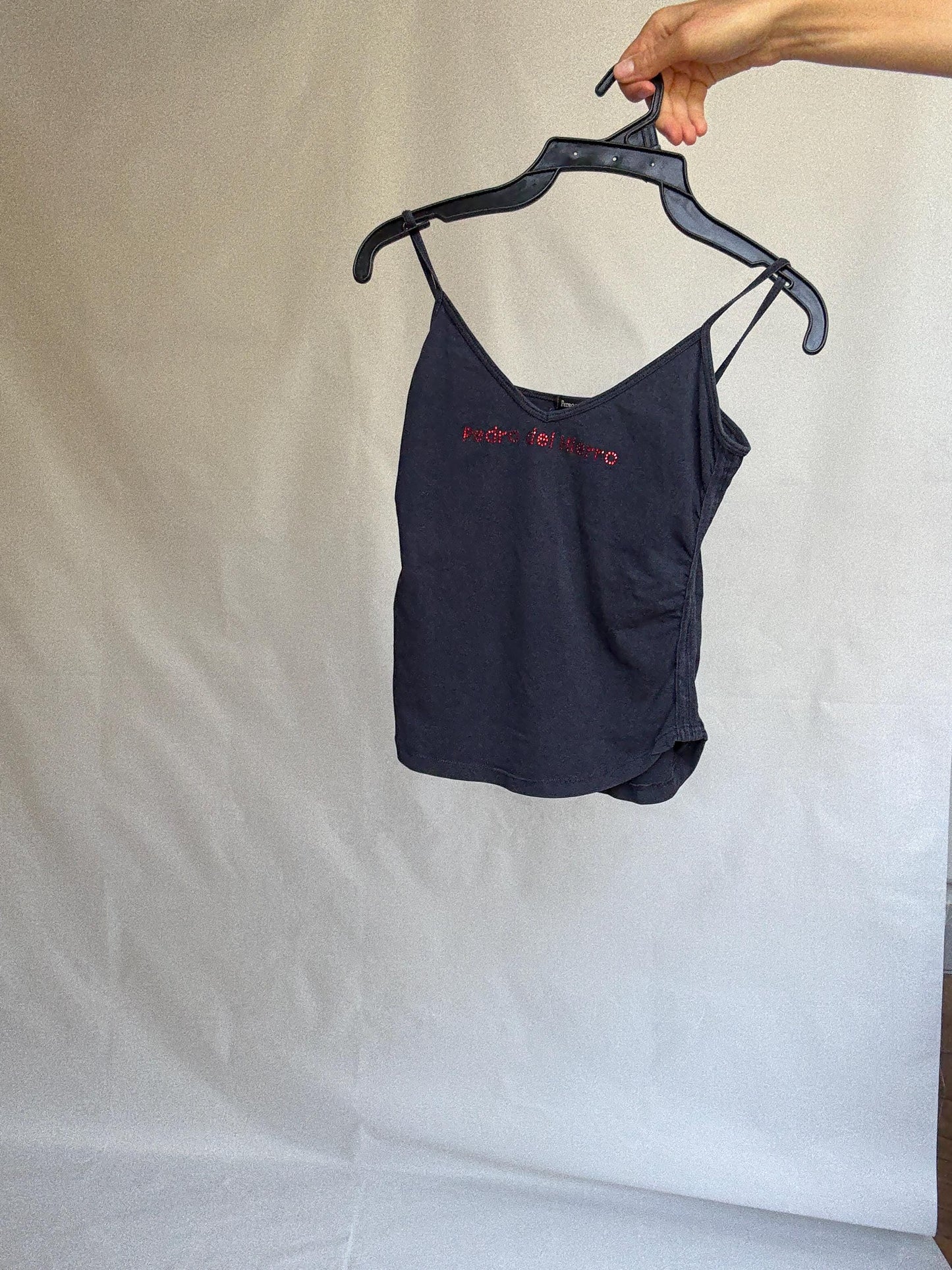 Pedro del Hierro navy cami top with rhinestone logo, y2k style fitted tank, thin straps, size XXS extra small