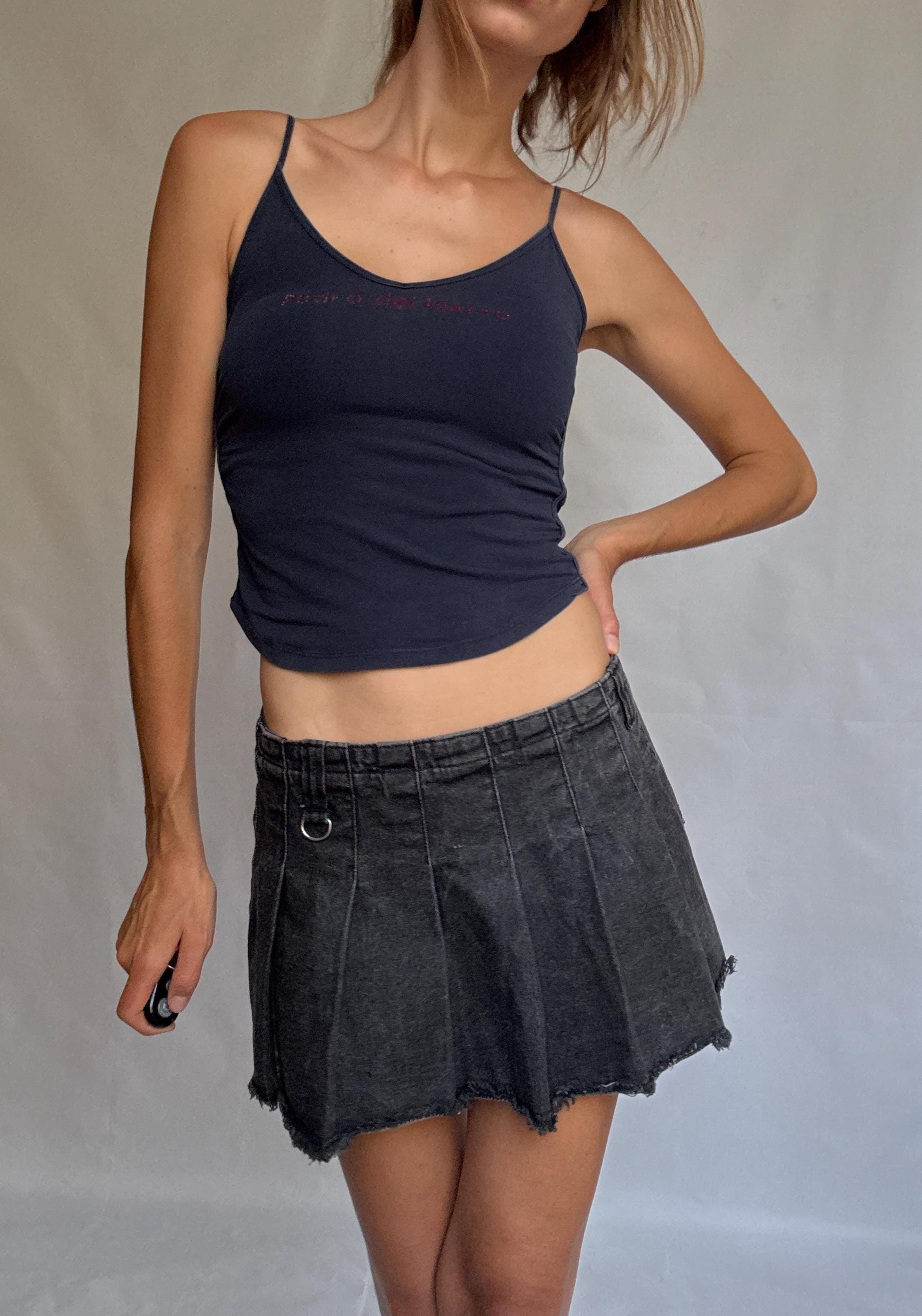Pedro del Hierro navy cami top with rhinestone logo, y2k style fitted tank, thin straps, size XXS extra small