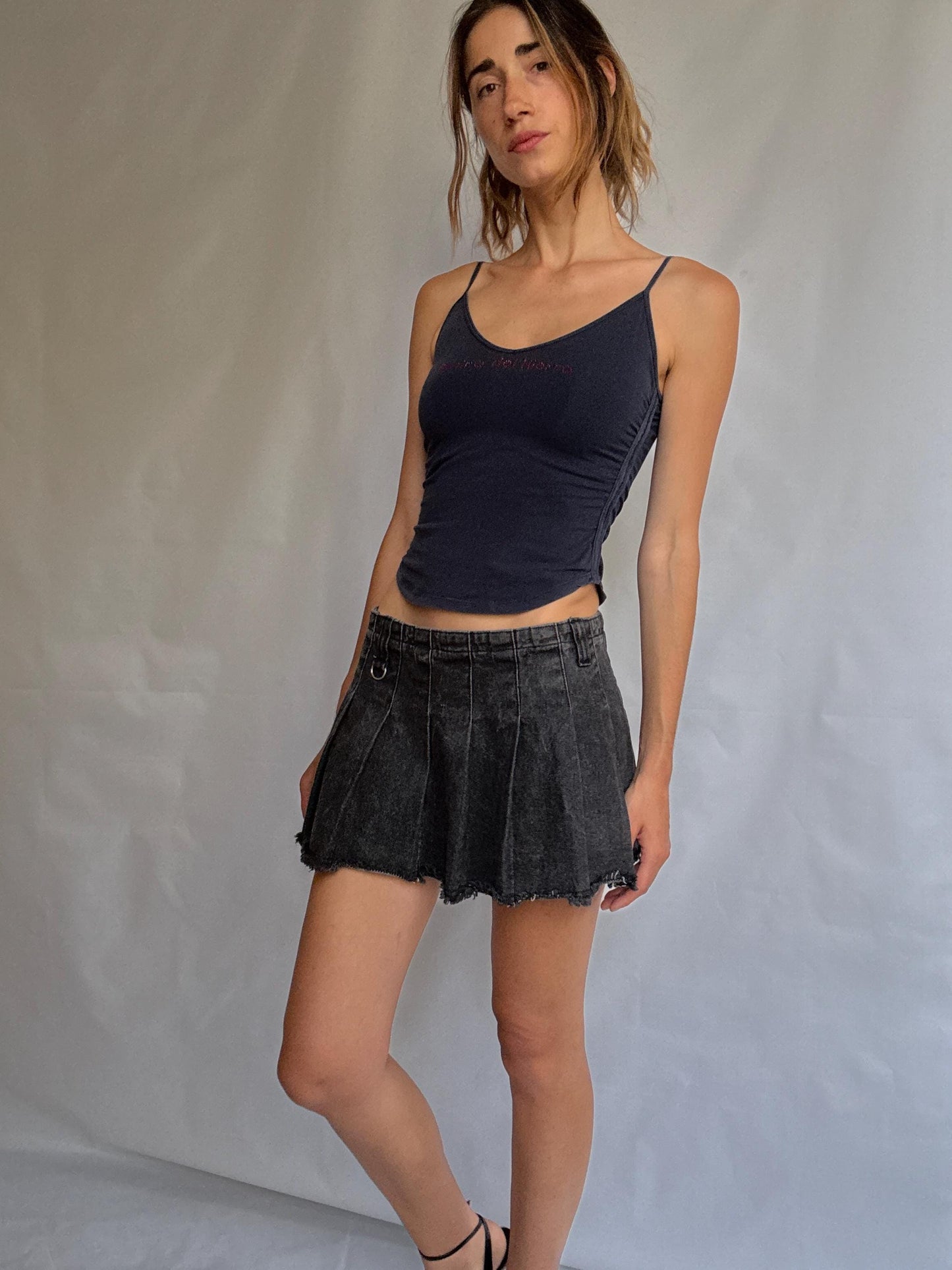 Pedro del Hierro navy cami top with rhinestone logo, y2k style fitted tank, thin straps, size XXS extra small