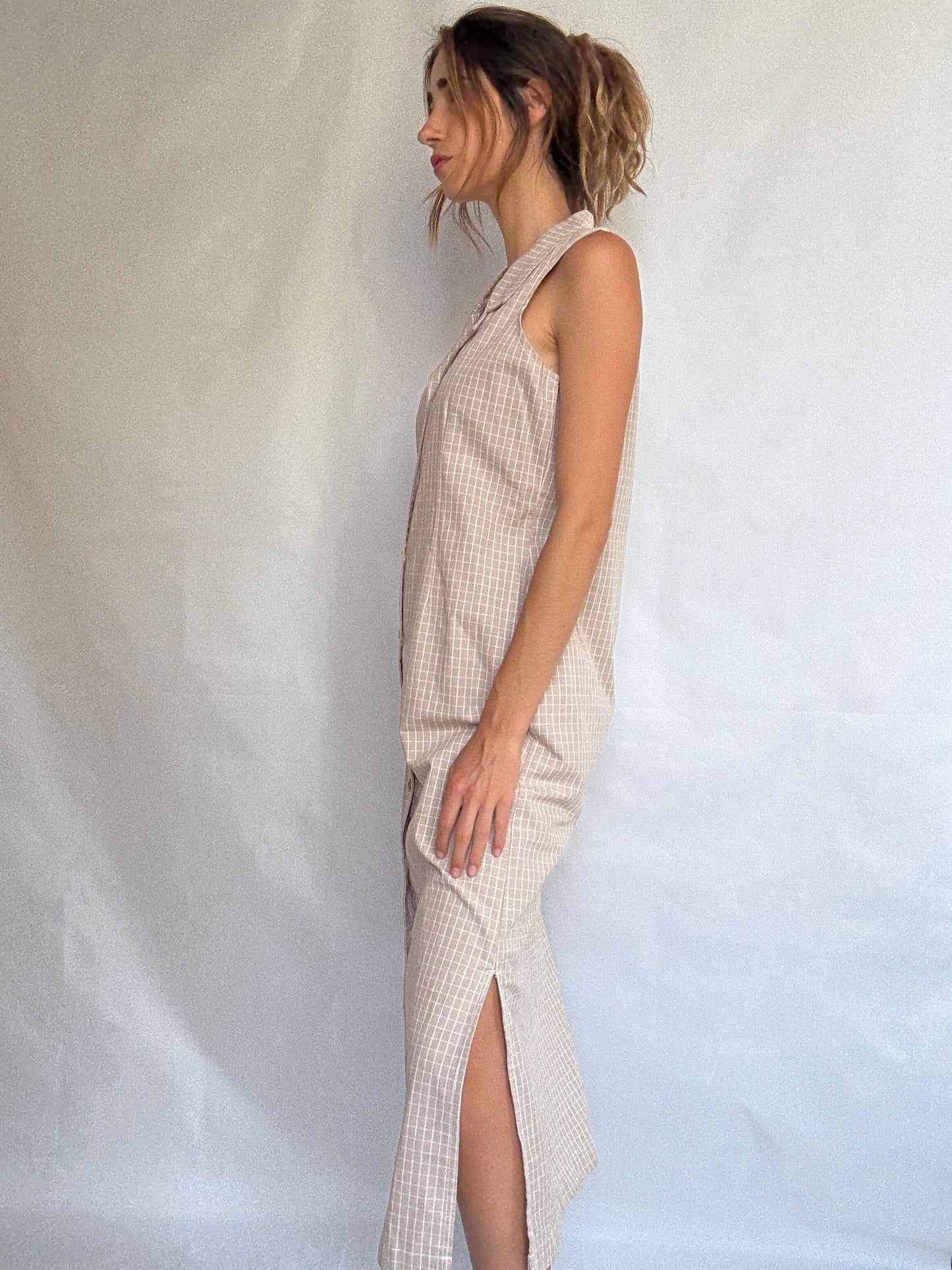 Vintage Sleeveless Button-Down Midi Dress – 100% Cotton – Made in USA – Minimalist Cottagecore, Size Medium