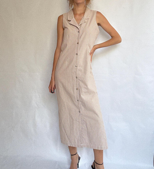 Vintage Sleeveless Button-Down Midi Dress – 100% Cotton – Made in USA – Minimalist Cottagecore, Size Medium