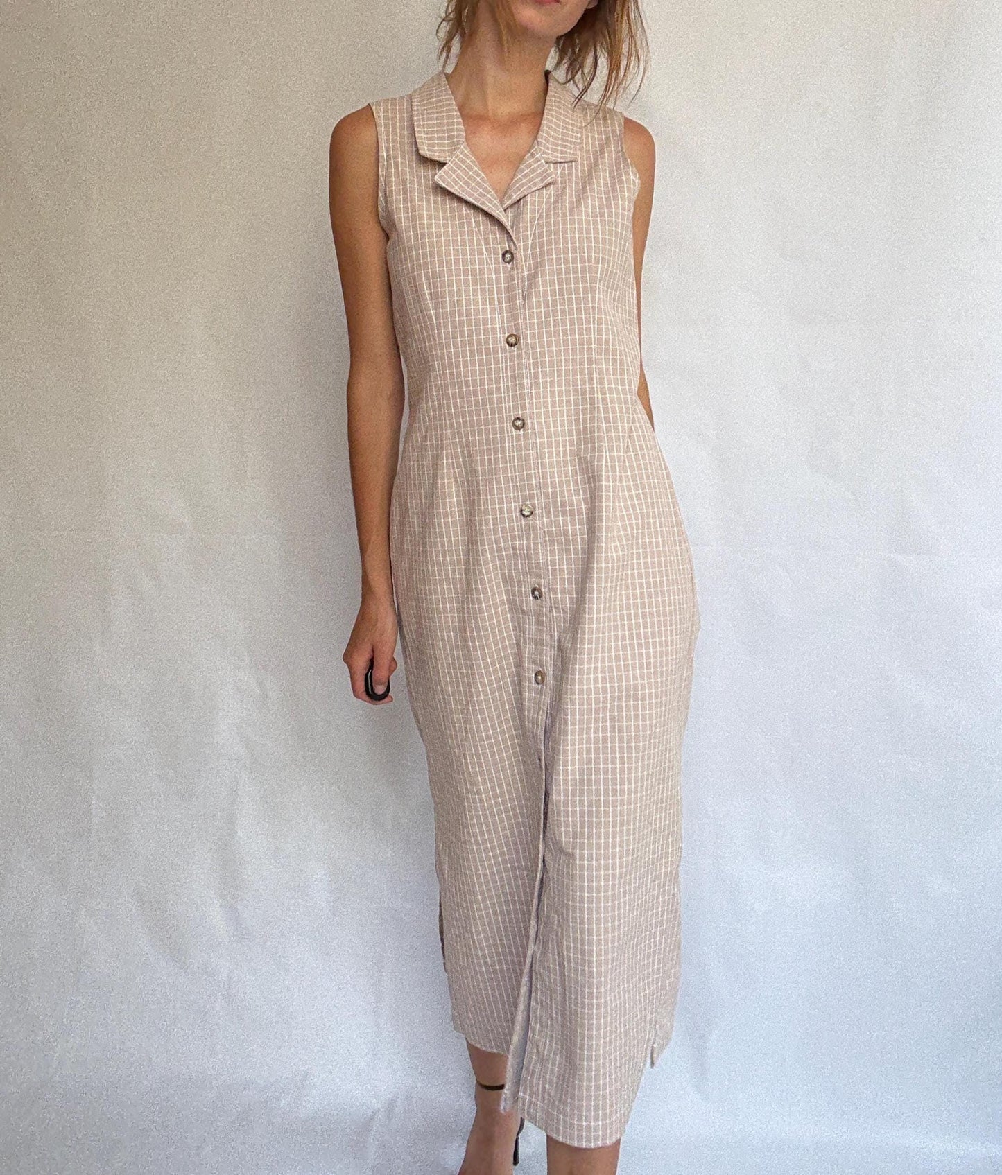 Vintage Sleeveless Button-Down Midi Dress – 100% Cotton – Made in USA – Minimalist Cottagecore, Size Medium