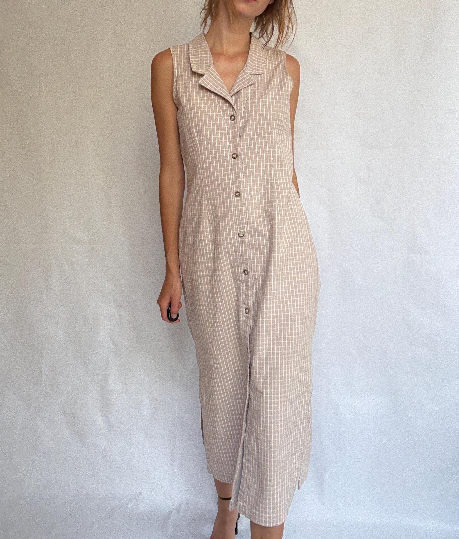 Vintage Sleeveless Button-Down Midi Dress – 100% Cotton – Made in USA – Minimalist Cottagecore, Size Medium