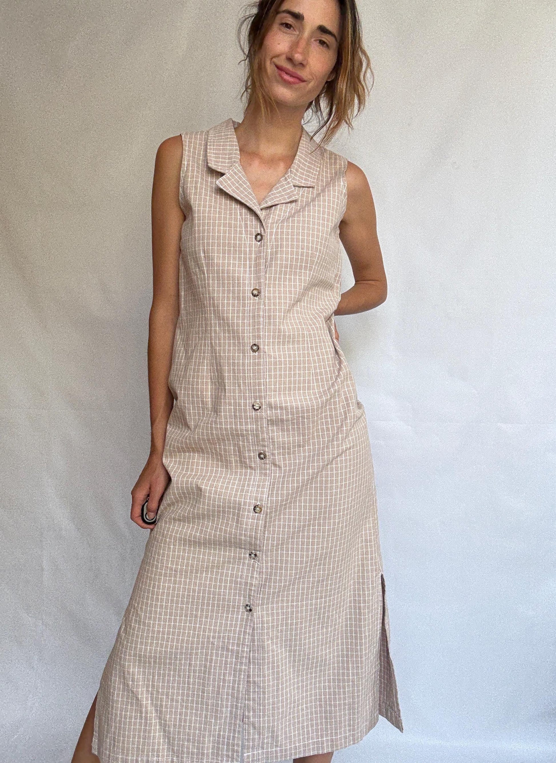 Vintage Sleeveless Button-Down Midi Dress – 100% Cotton – Made in USA – Minimalist Cottagecore, Size Medium