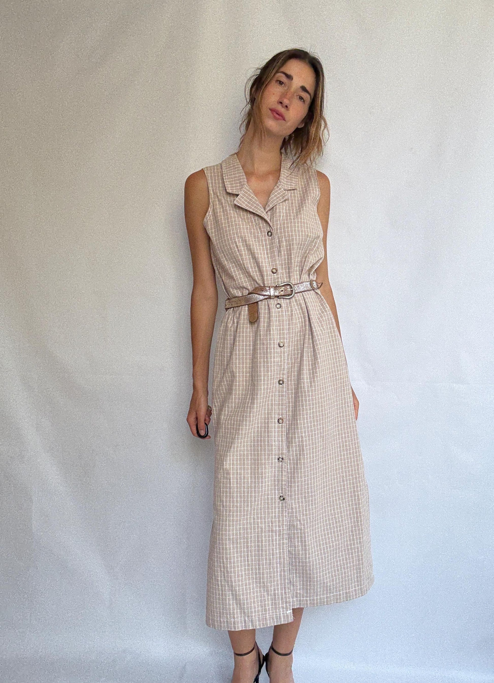 Vintage Sleeveless Button-Down Midi Dress – 100% Cotton – Made in USA – Minimalist Cottagecore, Size Medium