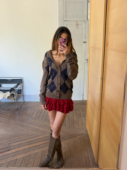 Wool Blend Cardigan Vest, Oversized Button Up Knitwear, Argyle Pattern Cozy Sweater, Retro Fall Fashion, L