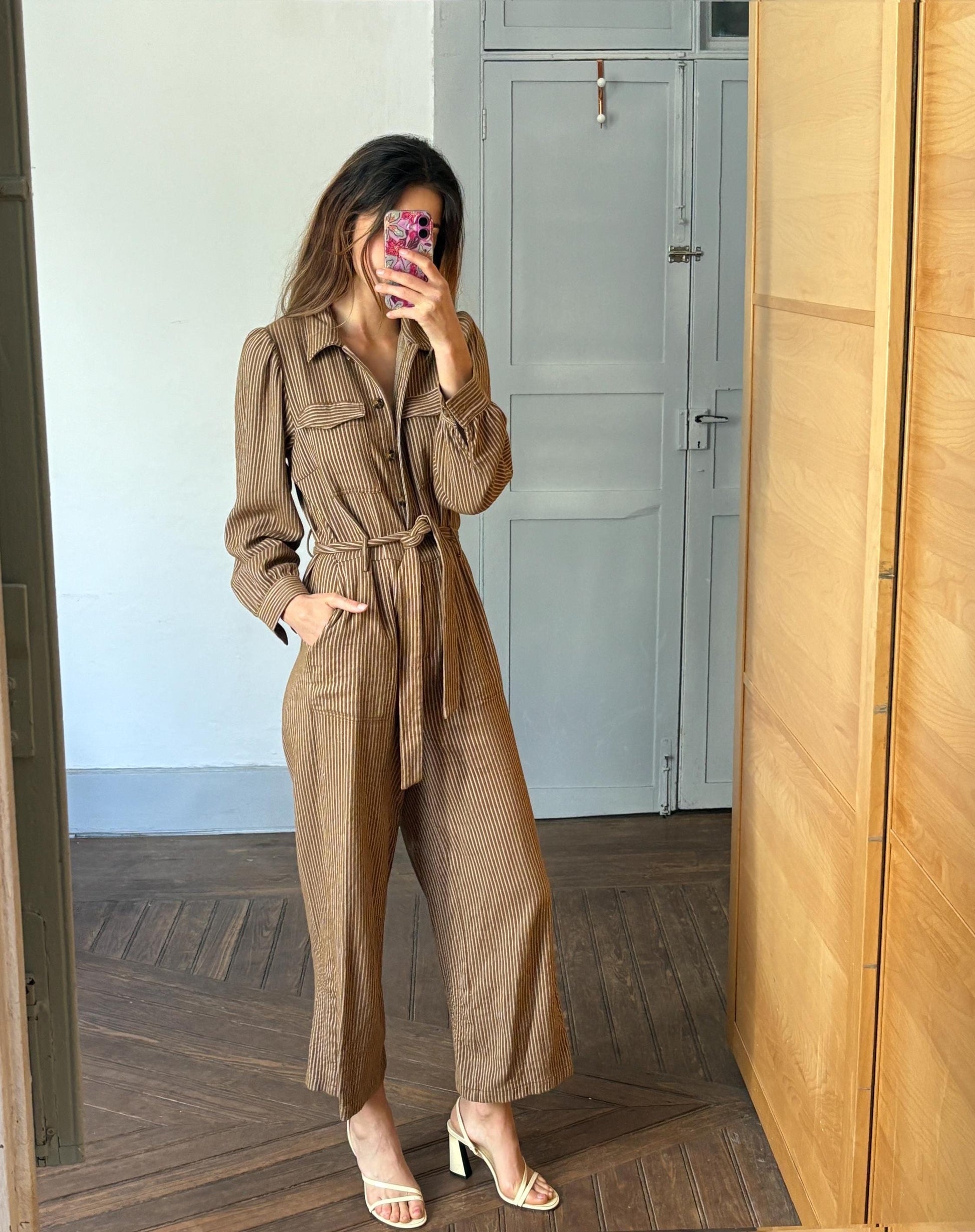 Vintage brown and white striped jumpsuit, Retro long pants work wear, Feminine strap waistline playsuit, Natural earthy woman wear