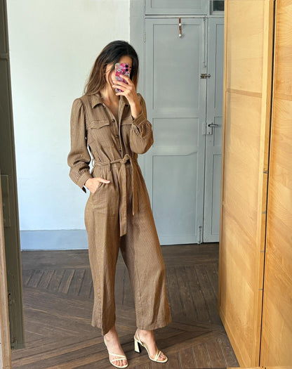 Vintage Brown Striped Jumpsuit for Women — fabric close-up