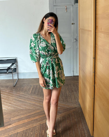 Vintage Green Floral Cotton Wrap Dress – Puff Sleeves Summer Mini with Tie Waist