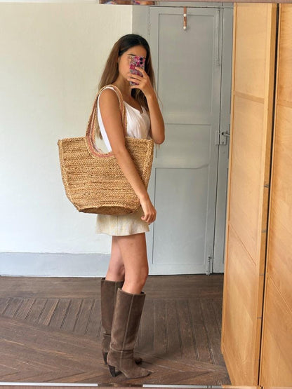 Pink Beige Rattan Woven Beach Bag