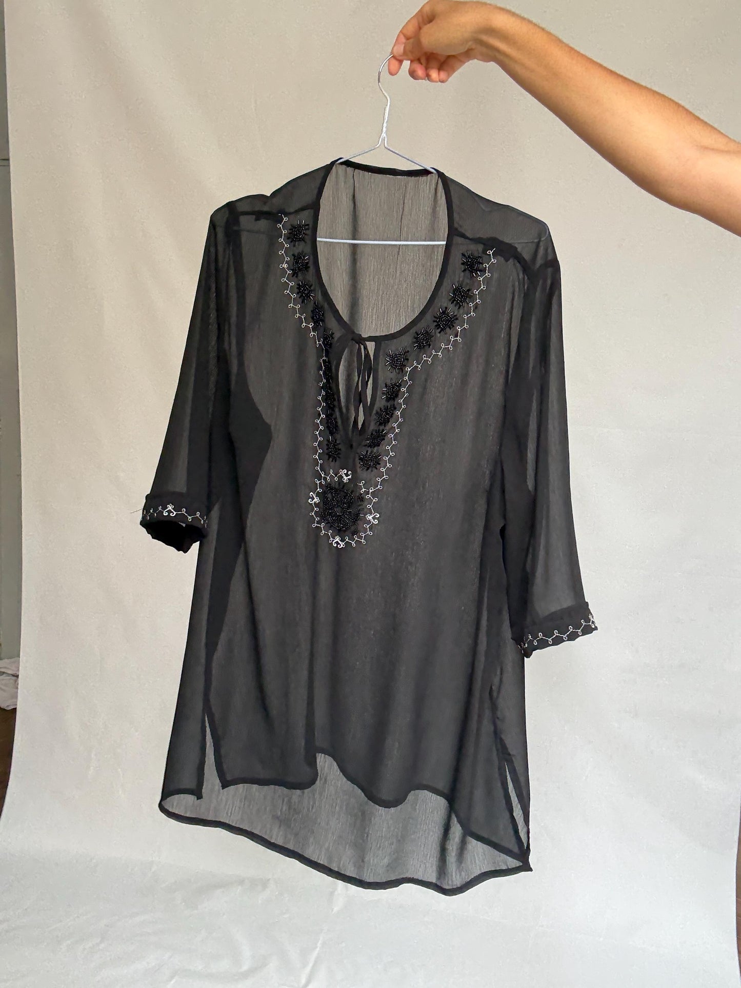 Sheer Black Embroidered Top • Boho Tunic Blouse • Festival See-Through Mesh Shirt