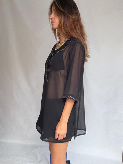 Sheer Black Embroidered Boho Tunic — fabric close-up