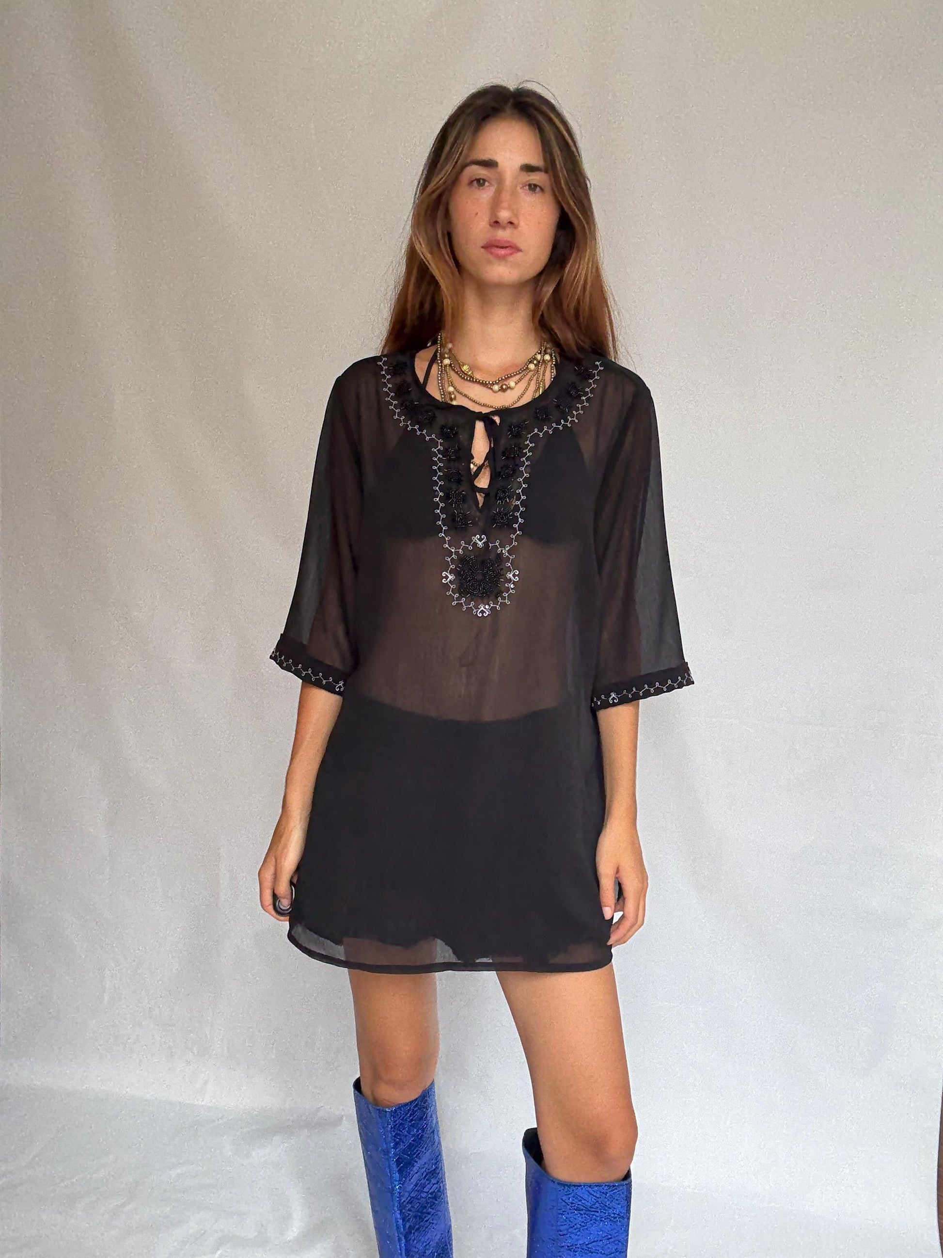Sheer Black Embroidered Top • Boho Tunic Blouse • Festival See-Through Mesh Shirt